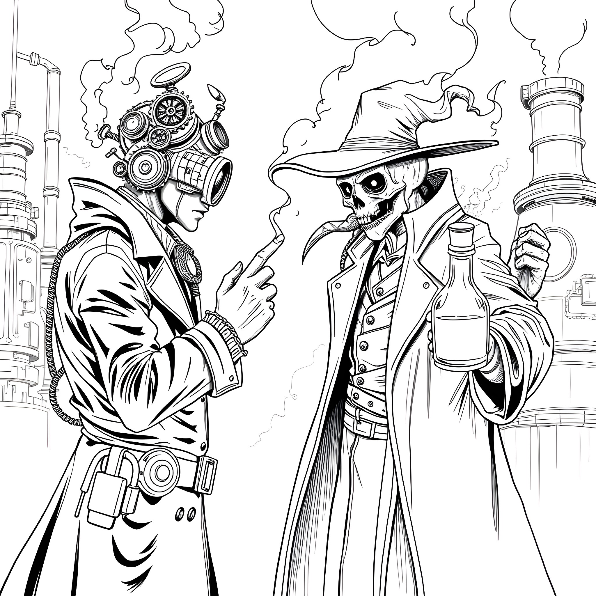 Doctor Smoking and Talking in Mysterious Setting Coloring Page (free black-and-white line drawing printable PDF for all, from beginners to advanced learners, including children, teens, adults, and seniors)