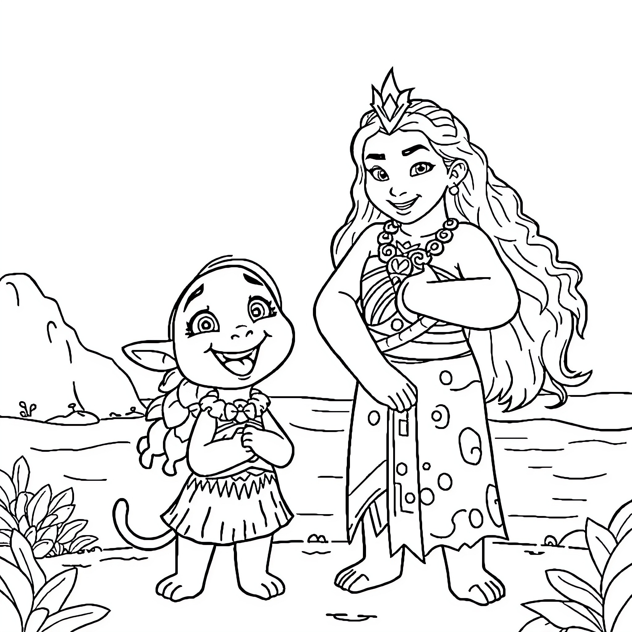 Zoey and Her Young Companion on an Adventure Coloring Page (free black-and-white line drawing printable PDF for all, from beginners to advanced learners, including children, teens, adults, and seniors)
