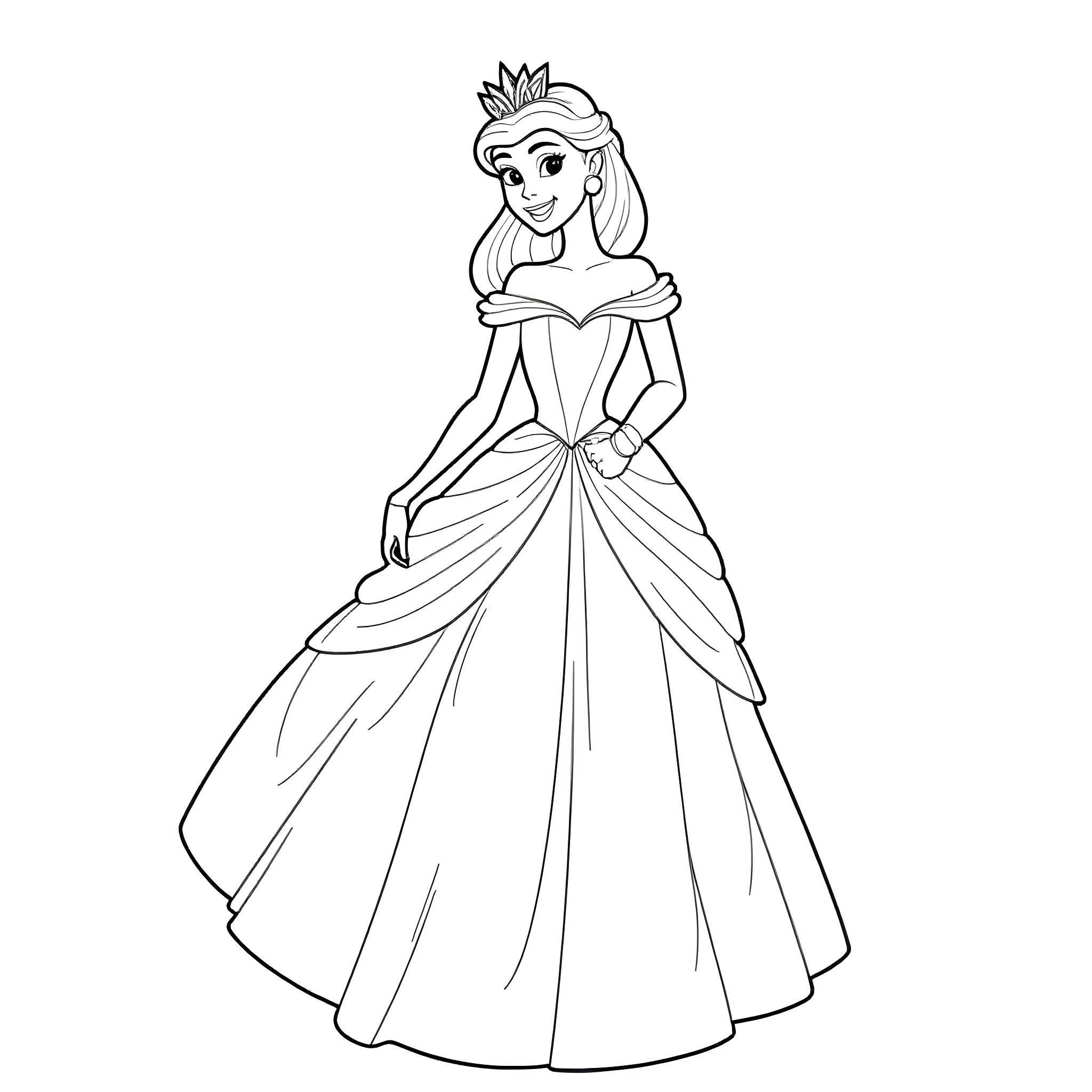 Princess in Elegant Ballgown Dress Coloring Page (free black-and-white line drawing printable PDF for all, from beginners to advanced learners, including children, teens, adults, and seniors)