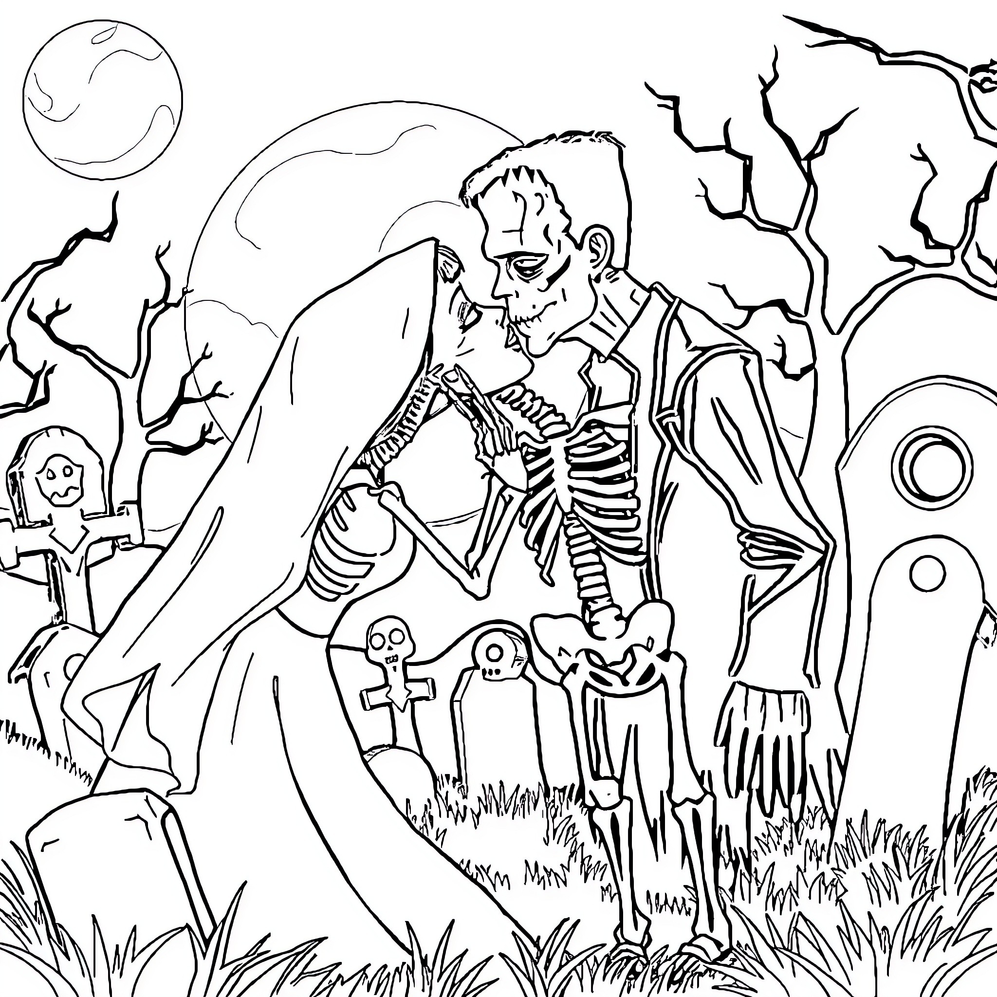 Bride confronting skeletal figure in eerie landscape Coloring Page (free black-and-white line drawing printable PDF for all, from beginners to advanced learners, including children, teens, adults, and seniors)