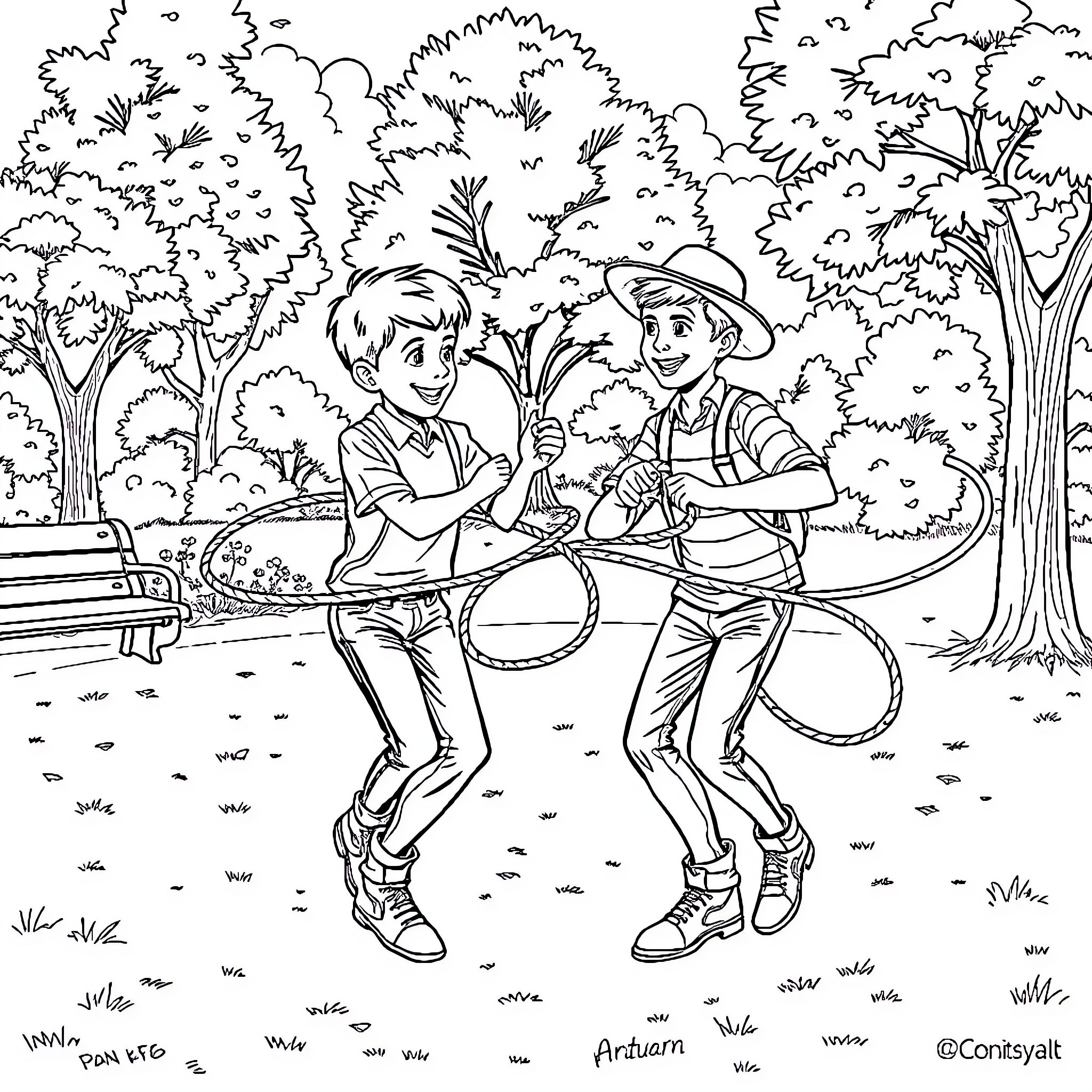 Jason and Arthur playing together in the park Coloring Page (free black-and-white line drawing printable PDF for all, from beginners to advanced learners, including children, teens, adults, and seniors)