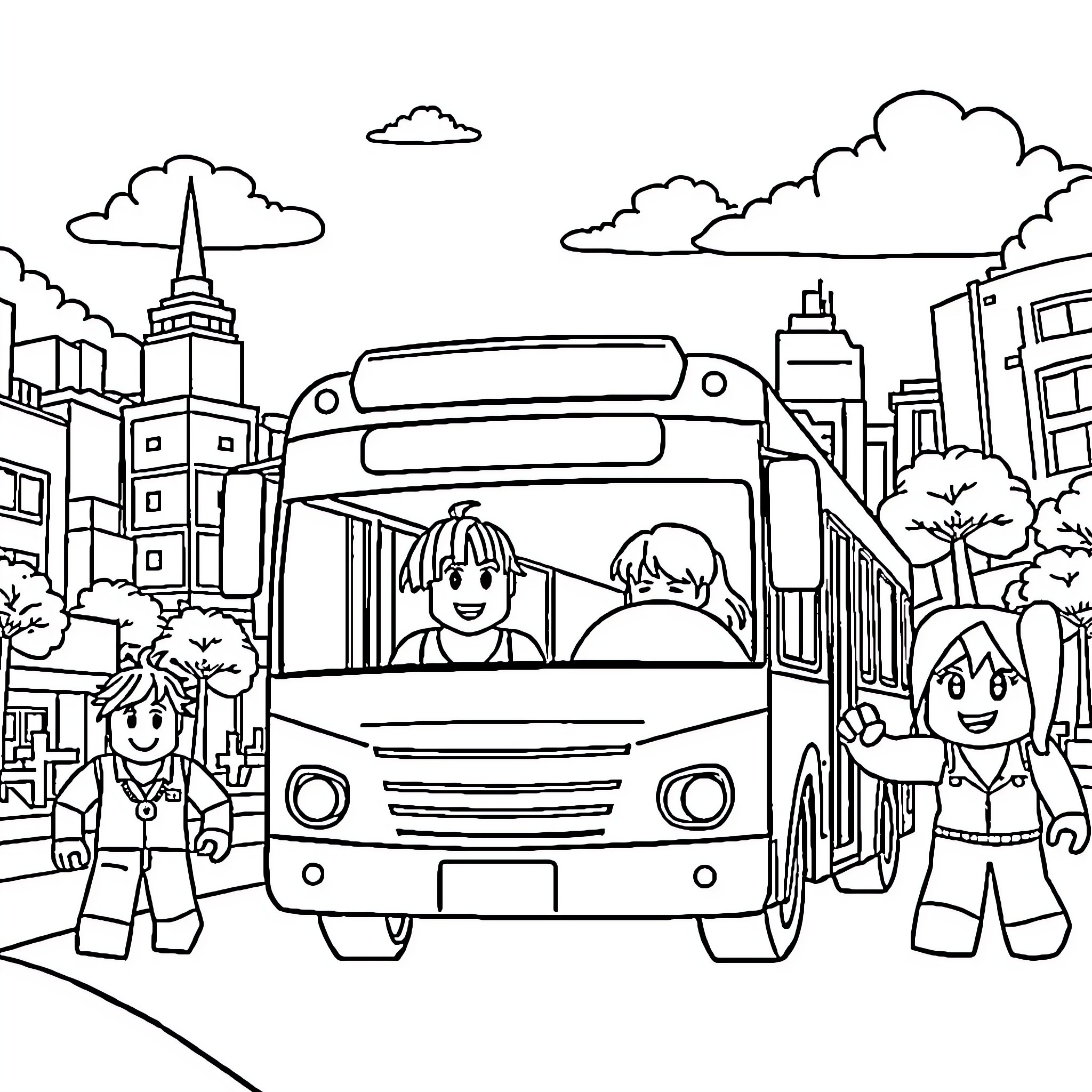 Bus with Smiling Passengers in the City Coloring Page (free black-and-white line drawing printable PDF for all, from beginners to advanced learners, including children, teens, adults, and seniors)