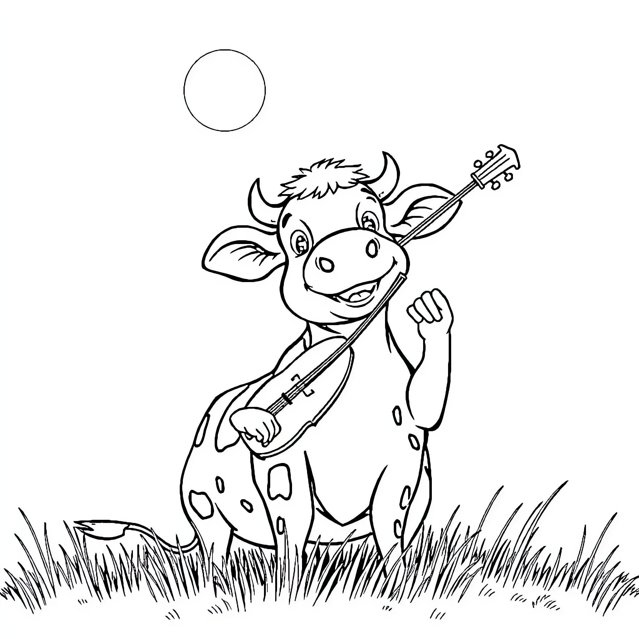 Cow playing with toys in the meadow Coloring Page (free black-and-white line drawing printable PDF for all, from beginners to advanced learners, including children, teens, adults, and seniors)
