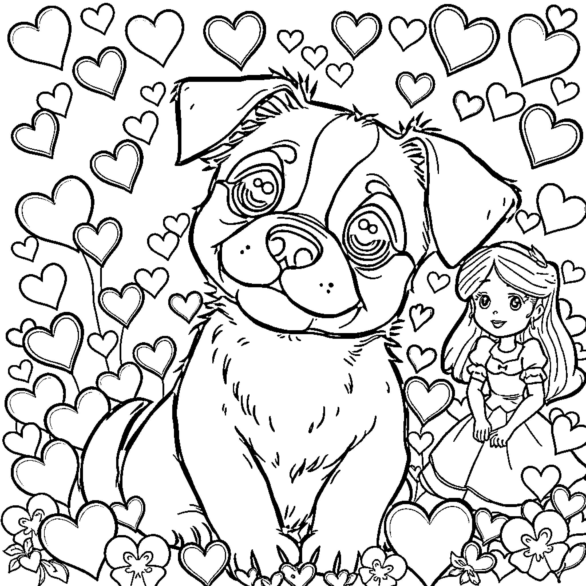 Dog and Girl Surrounded by Hearts Coloring Page (free black-and-white line drawing printable PDF for all, from beginners to advanced learners, including children, teens, adults, and seniors)