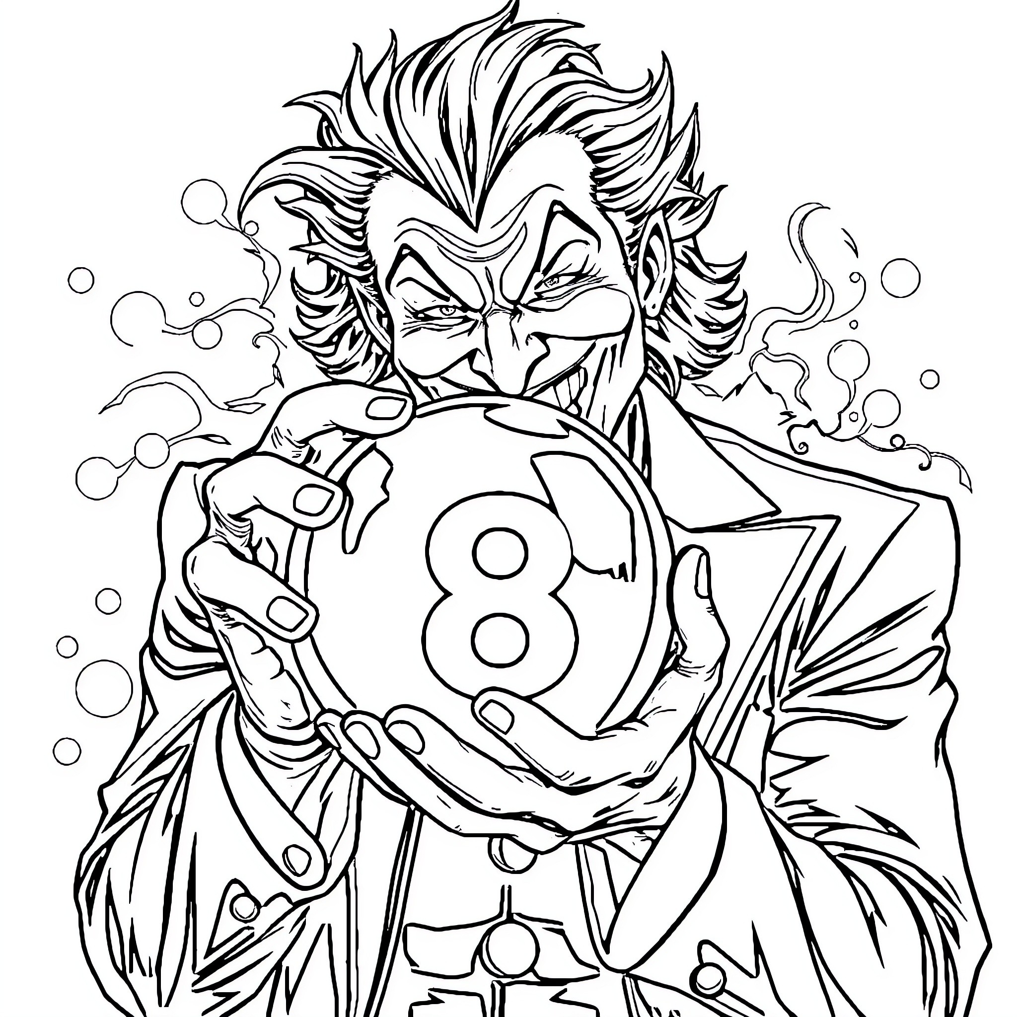 Joker Holding Billiard Ball Amidst Chaos Coloring Page (free black-and-white line drawing printable PDF for all, from beginners to advanced learners, including children, teens, adults, and seniors)