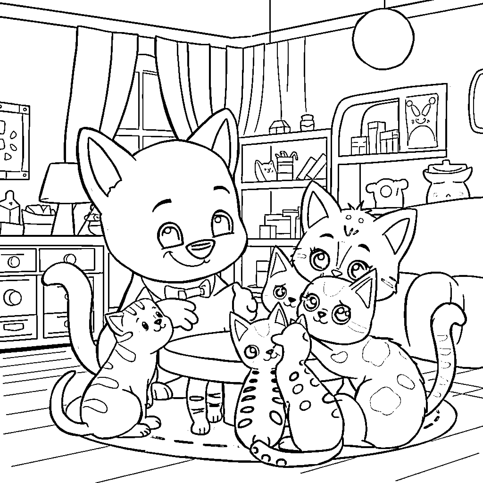 Bluey's Cozy Family Scene Coloring Page (free black-and-white line drawing printable PDF for all, from beginners to advanced learners, including children, teens, adults, and seniors)