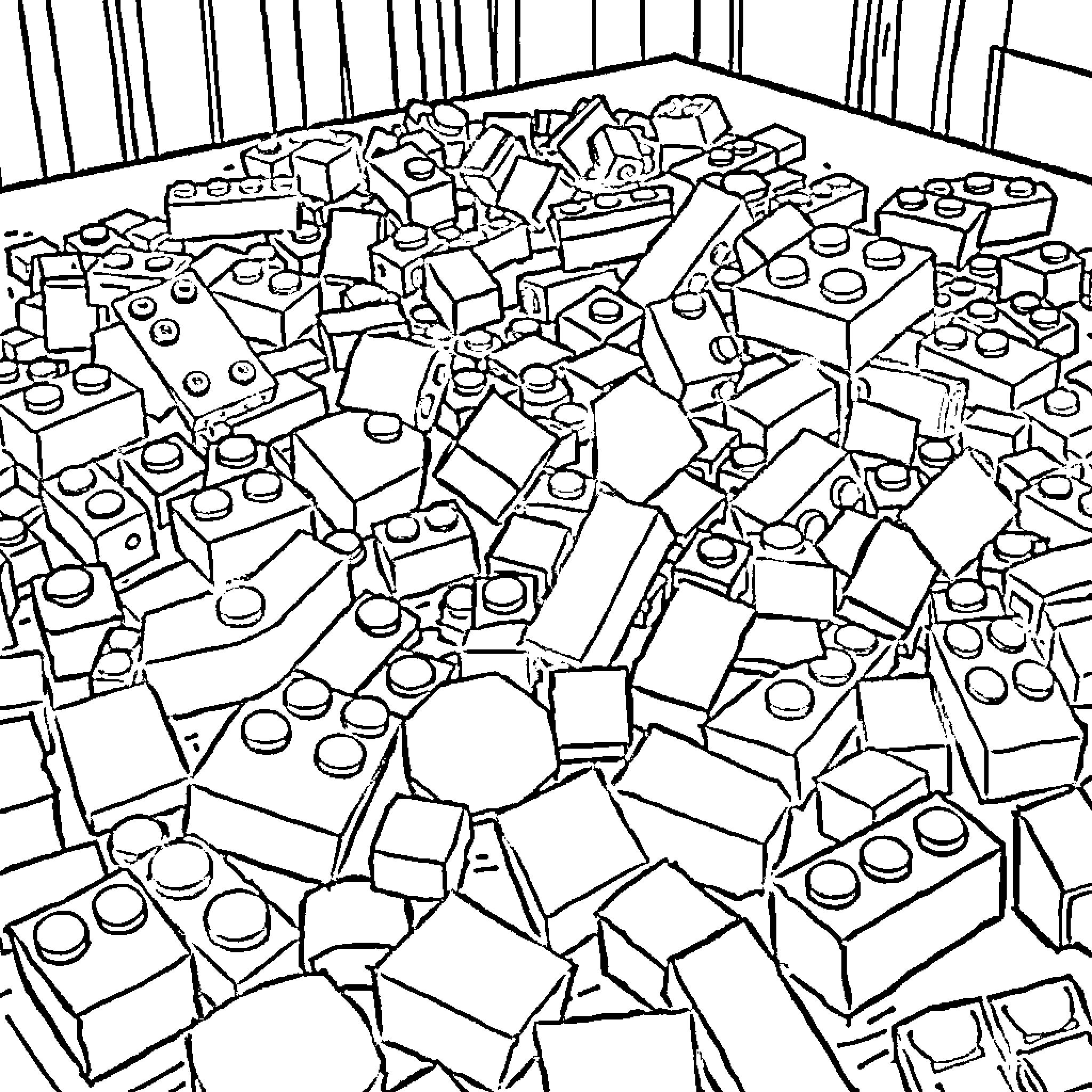 Lego Pieces Scattered in Disarray Coloring Page (free black-and-white line drawing printable PDF for all, from beginners to advanced learners, including children, teens, adults, and seniors)