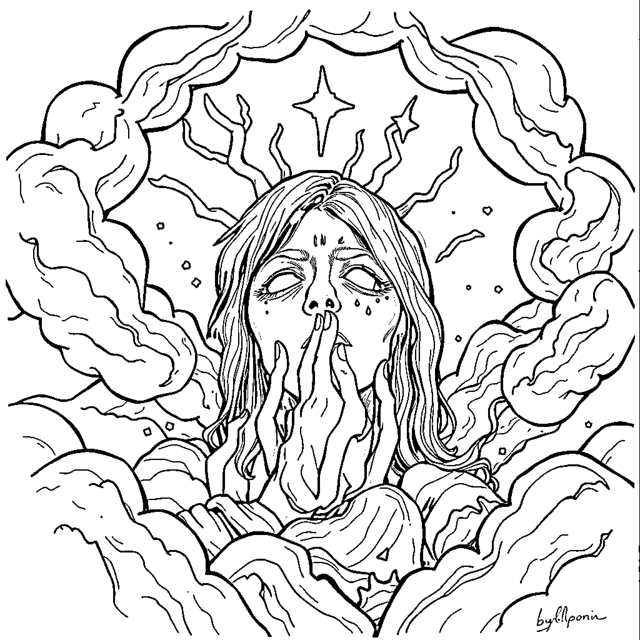 Self-Reflection in the Mystic Realm Coloring Page (free black-and-white line drawing printable PDF for all, from beginners to advanced learners, including children, teens, adults, and seniors)