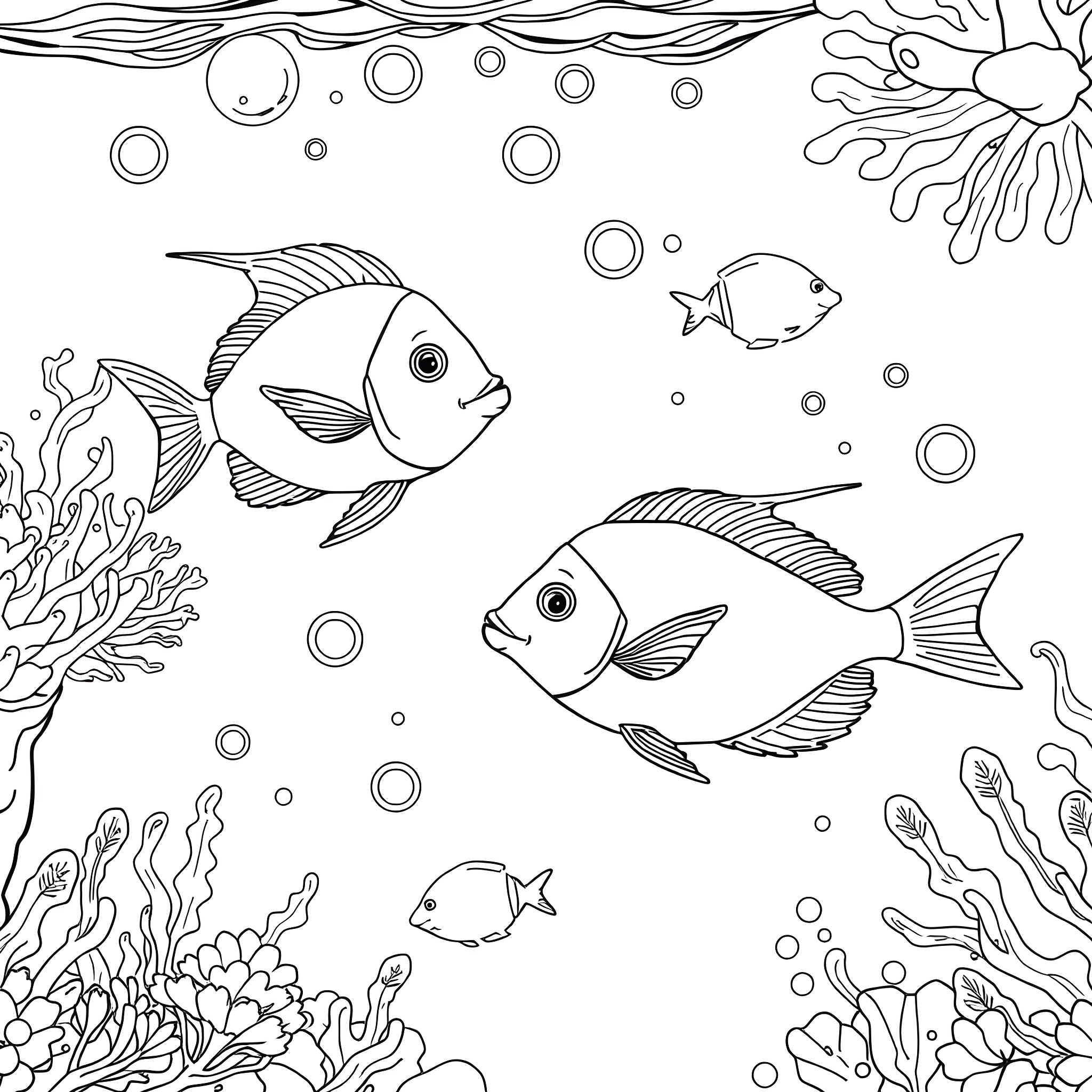 Fish swimming in the underwater scene Coloring Page (free black-and-white line drawing printable PDF for all, from beginners to advanced learners, including children, teens, adults, and seniors)