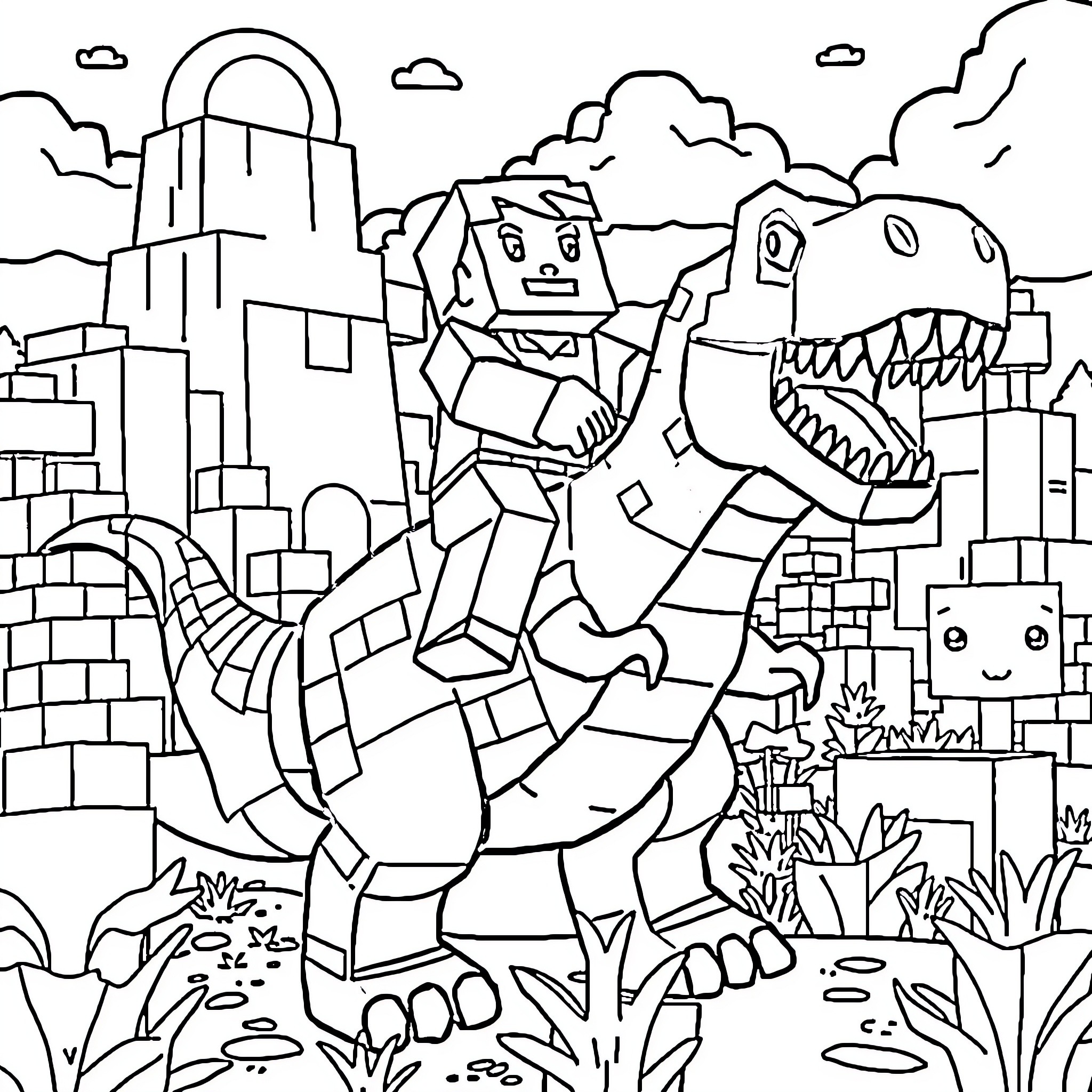 Minecraft Steve fighting a dinosaur in the city Coloring Page (free black-and-white line drawing printable PDF for all, from beginners to advanced learners, including children, teens, adults, and seniors)