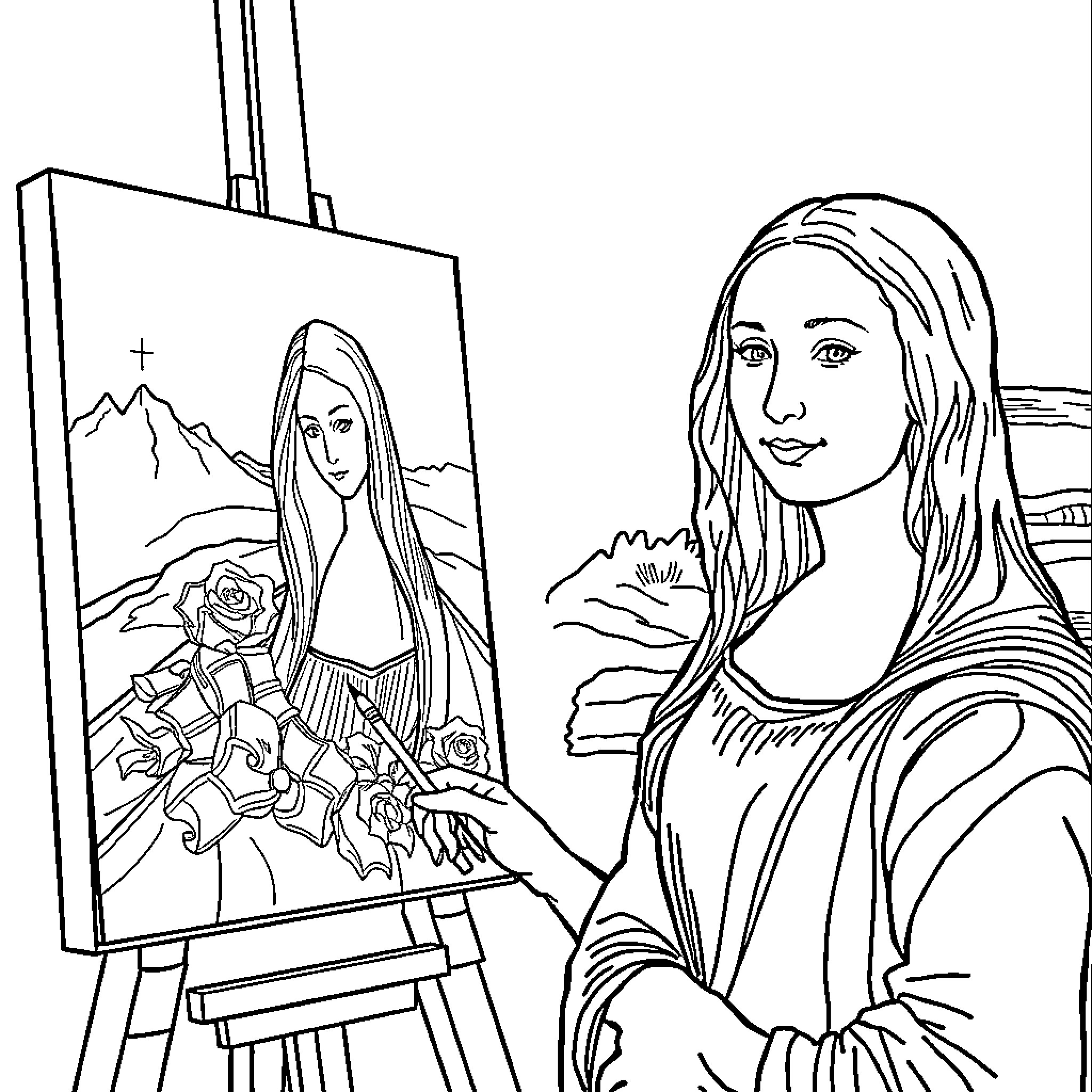 Mona Lisa painting a portrait Coloring Page (free black-and-white line drawing printable PDF for all, from beginners to advanced learners, including children, teens, adults, and seniors)