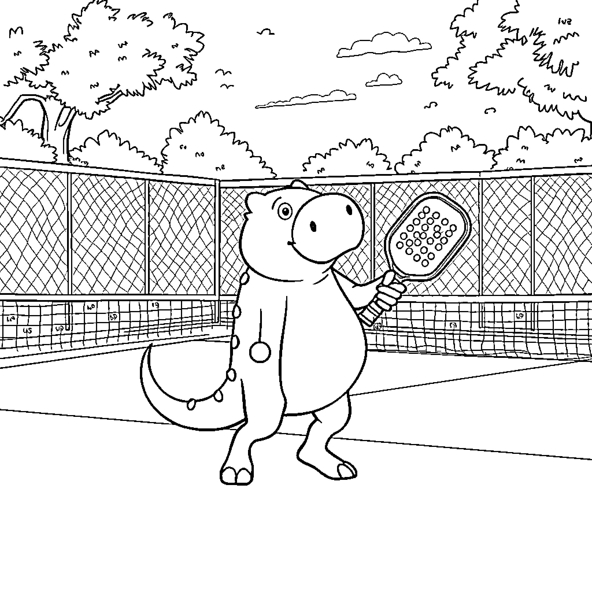 Phryge playing tennis on the court Coloring Page (free black-and-white line drawing printable PDF for all, from beginners to advanced learners, including children, teens, adults, and seniors)