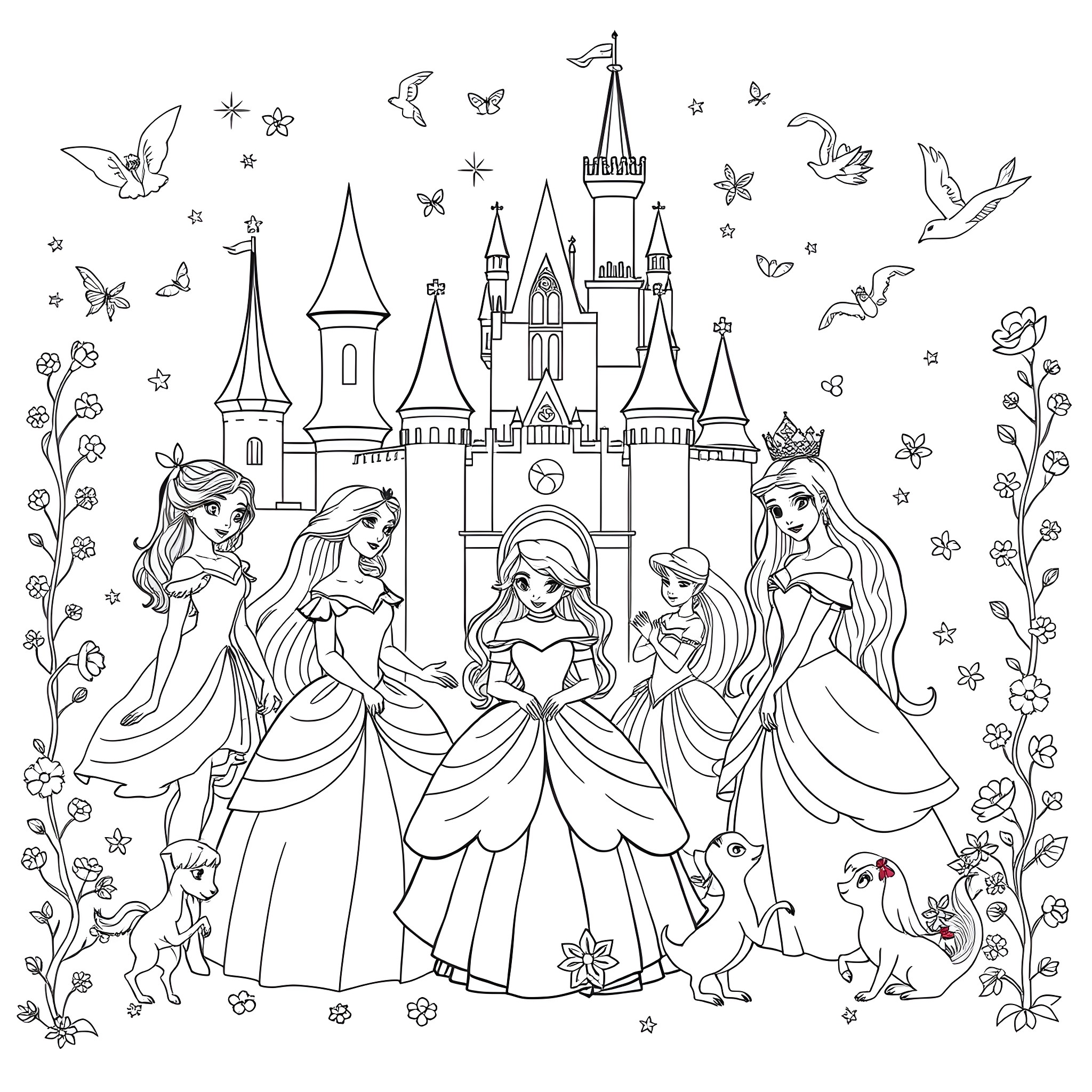 Princess Fairytale Scene with Castle and Characters Coloring Page (free black-and-white line drawing printable PDF for all, from beginners to advanced learners, including children, teens, adults, and seniors)