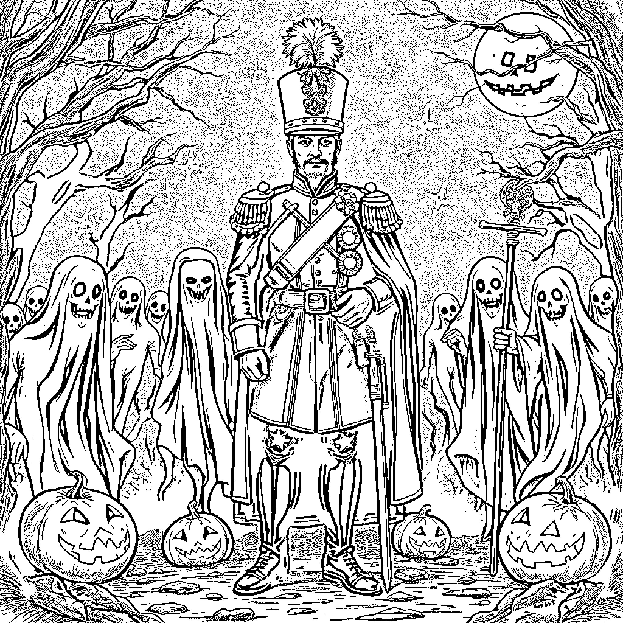 Soldier on patrol in haunting Halloween scene Coloring Page (free black-and-white line drawing printable PDF for all, from beginners to advanced learners, including children, teens, adults, and seniors)