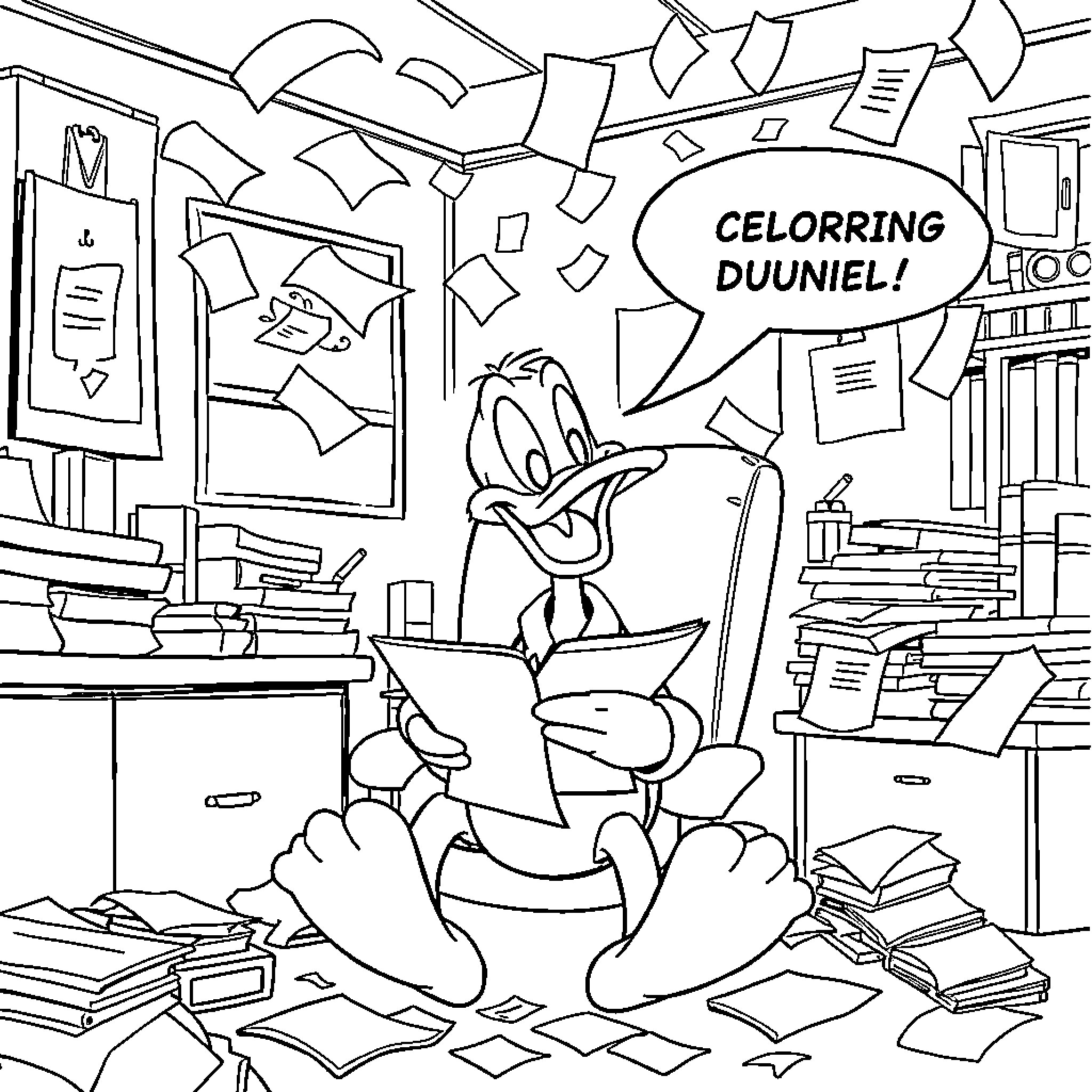 Donald joyfully coloring in a messy office Coloring Page (free black-and-white line drawing printable PDF for all, from beginners to advanced learners, including children, teens, adults, and seniors)