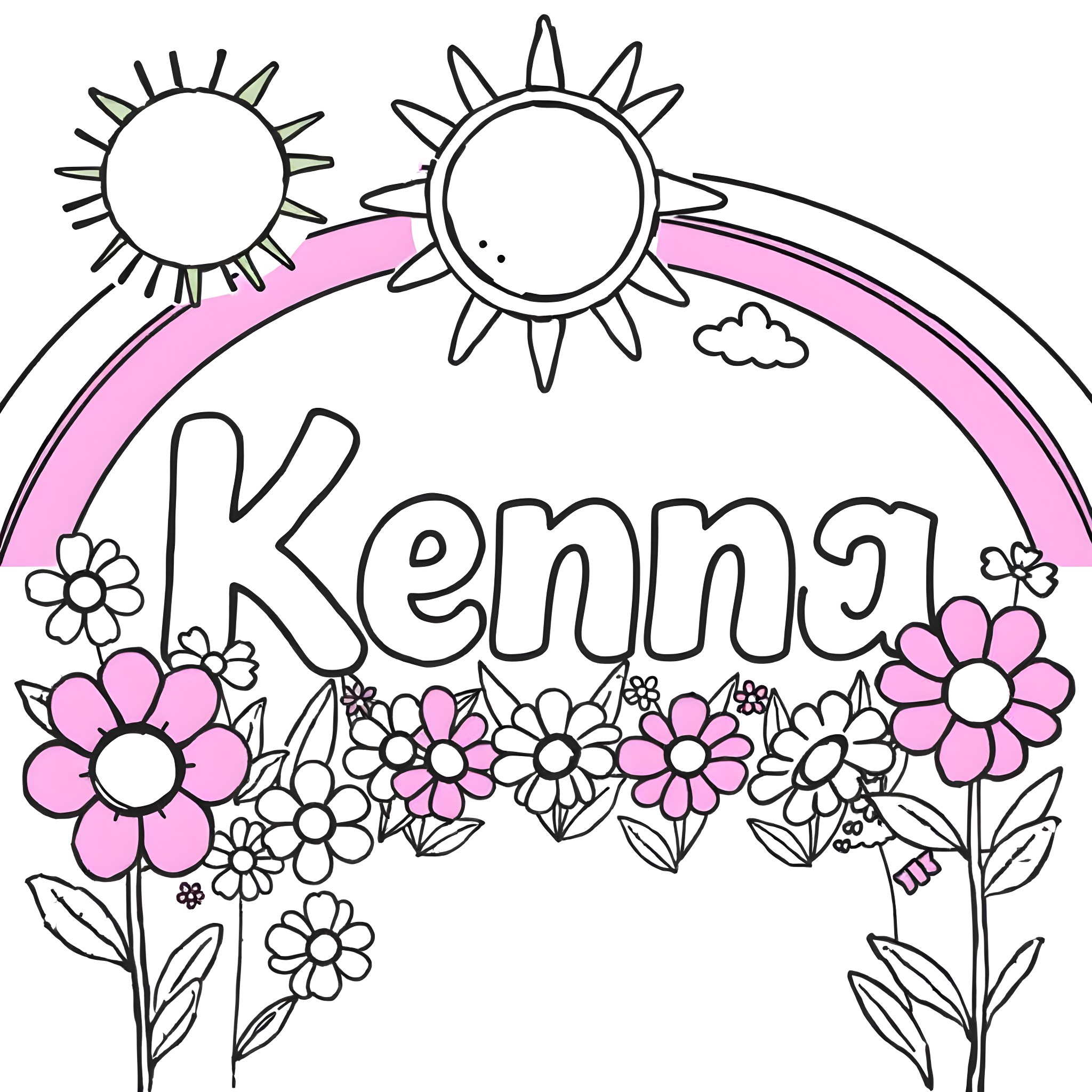Kenna's Floral and Sun Filled Meadow Coloring Page (free black-and-white line drawing printable PDF for all, from beginners to advanced learners, including children, teens, adults, and seniors)
