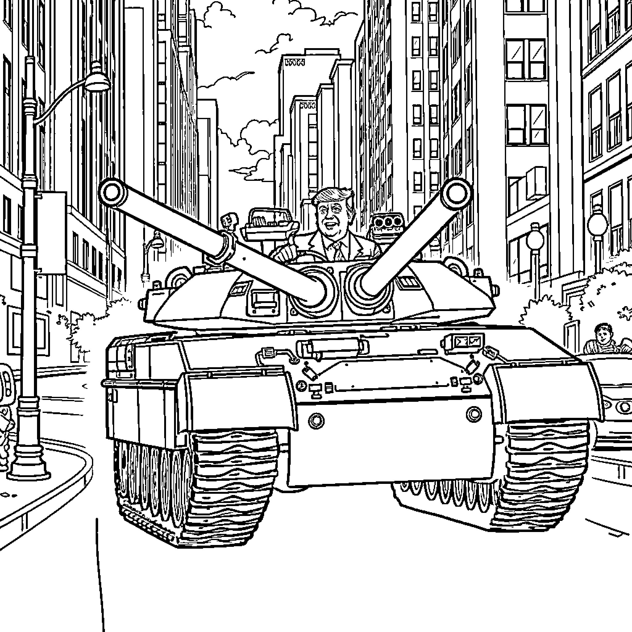 Trump Riding a Tank Through City Streets Coloring Page (free black-and-white line drawing printable PDF for all, from beginners to advanced learners, including children, teens, adults, and seniors)