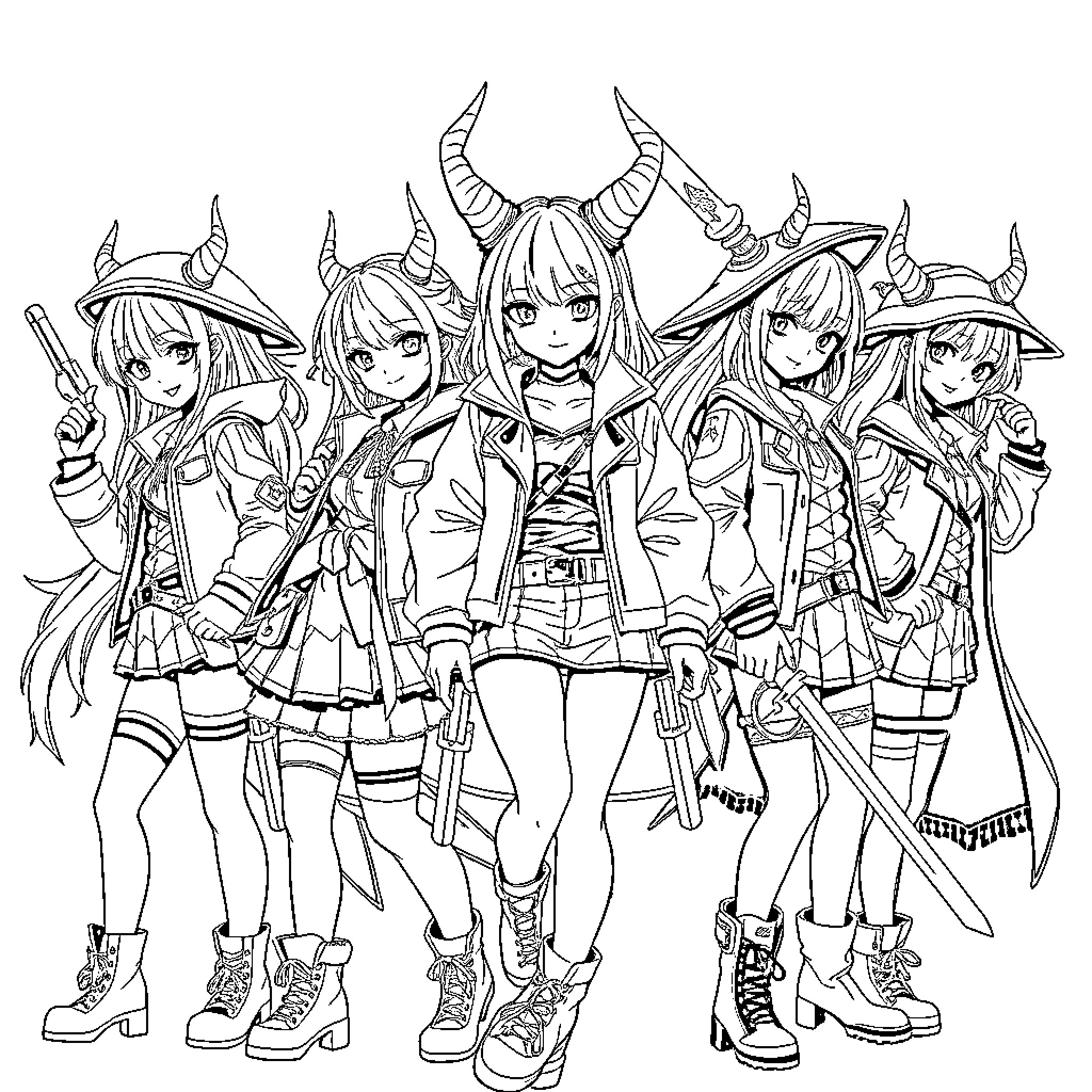 Demon Hunters in Fierce Battle Attire Coloring Page (free black-and-white line drawing printable PDF for all, from beginners to advanced learners, including children, teens, adults, and seniors)