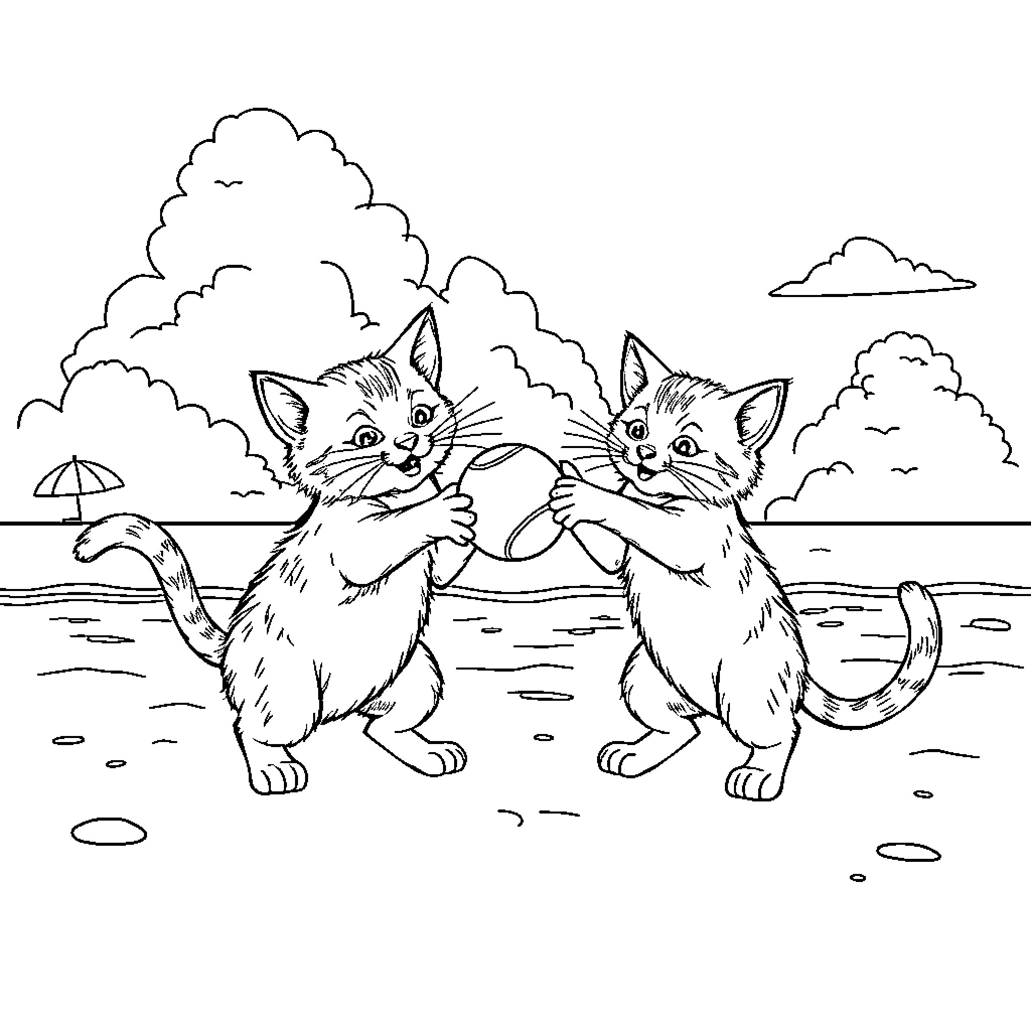 Cat kittens playing with ball on beach Coloring Page (free black-and-white line drawing printable PDF for all, from beginners to advanced learners, including children, teens, adults, and seniors)