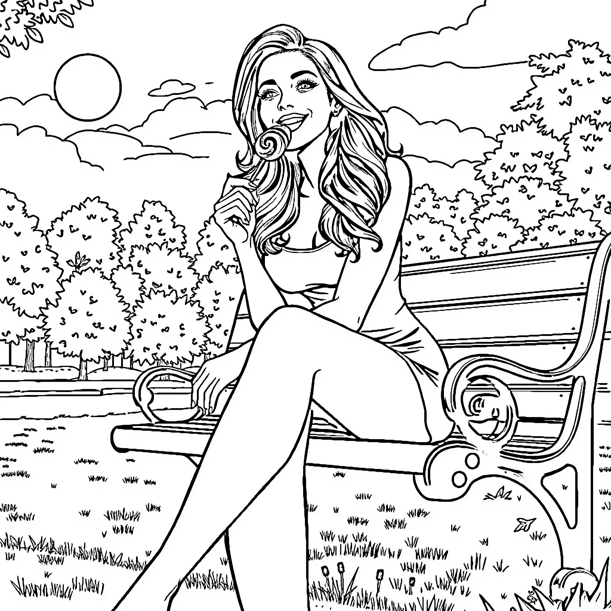 Woman enjoying a sunny day outdoors on a park bench Coloring Page (free black-and-white line drawing printable PDF for all, from beginners to advanced learners, including children, teens, adults, and seniors)