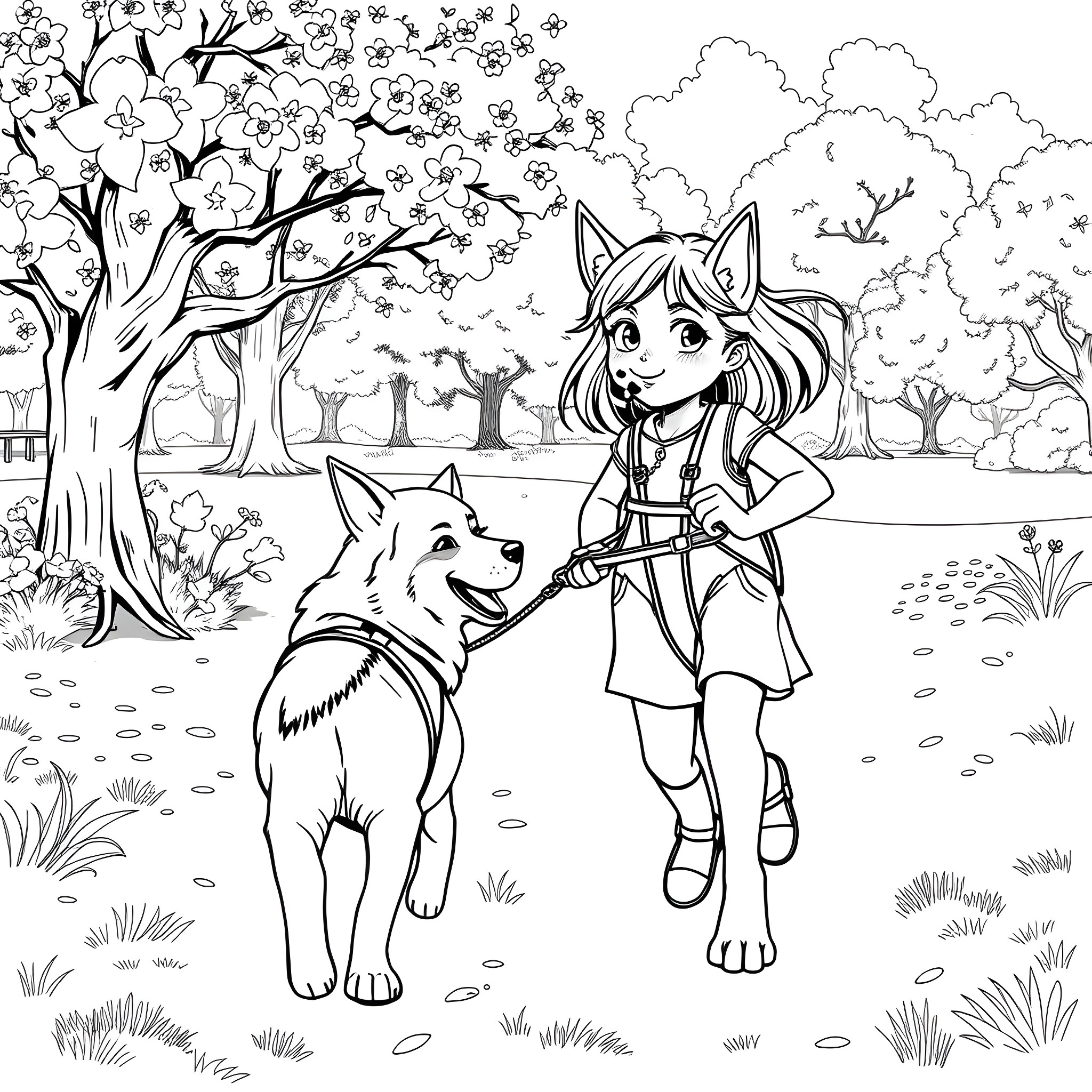 Teen Girl Playing with her Wolf Friend in the Forest Coloring Page (free black-and-white line drawing printable PDF for all, from beginners to advanced learners, including children, teens, adults, and seniors)