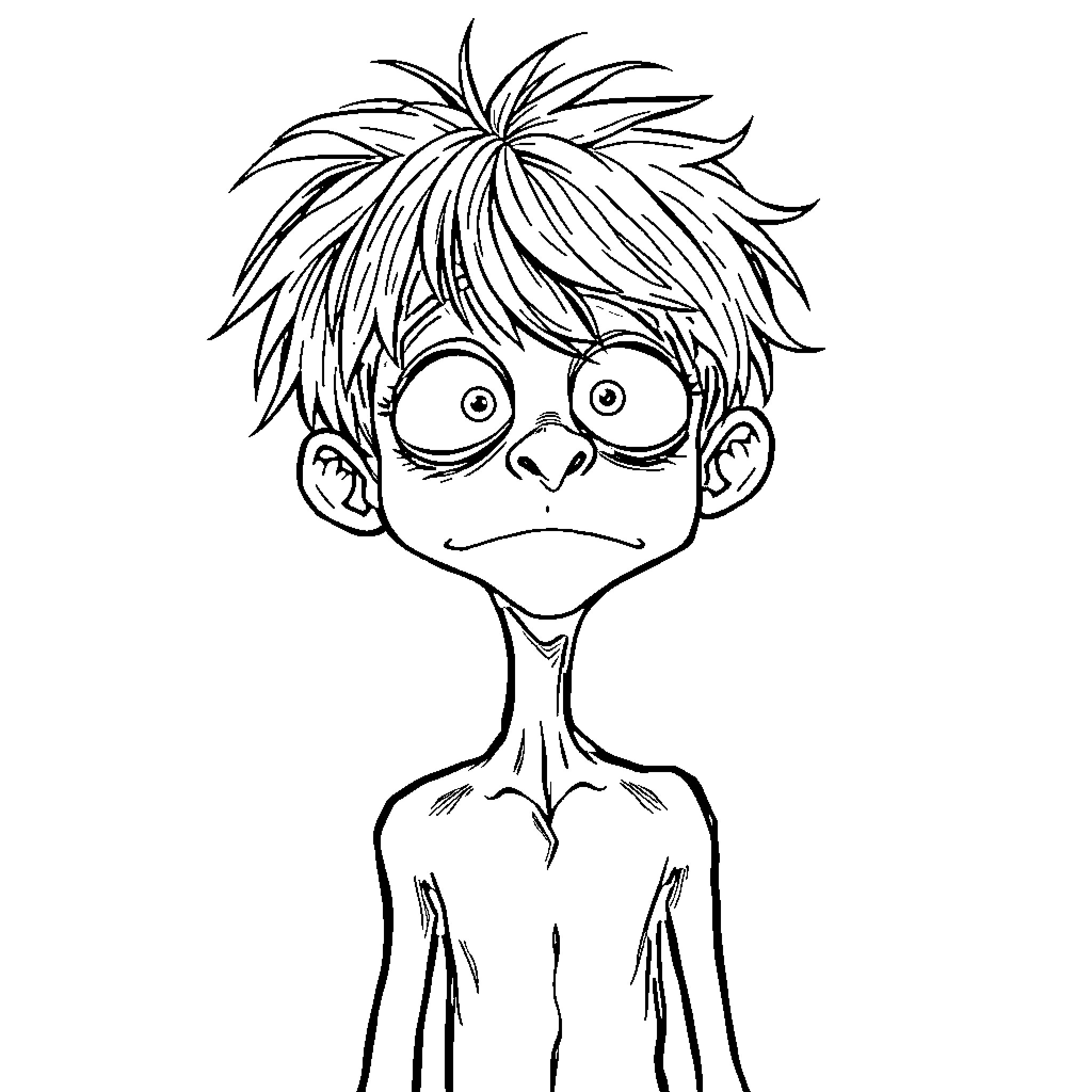 Lad with Messy Hair and Surprised Expression Coloring Page (free black-and-white line drawing printable PDF for all, from beginners to advanced learners, including children, teens, adults, and seniors)