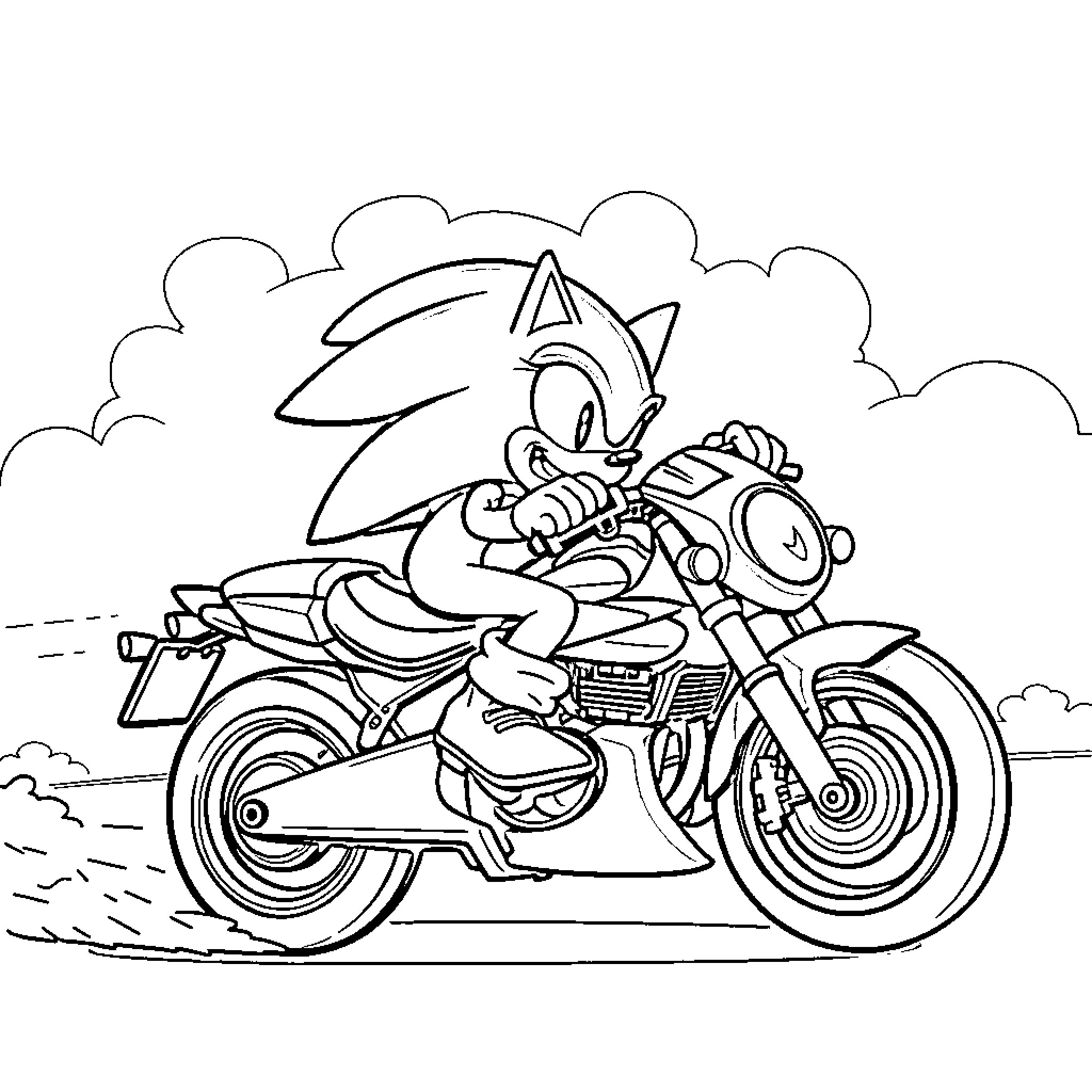 Sonic riding a motorcycle on the road Coloring Page (free black-and-white line drawing printable PDF for all, from beginners to advanced learners, including children, teens, adults, and seniors)