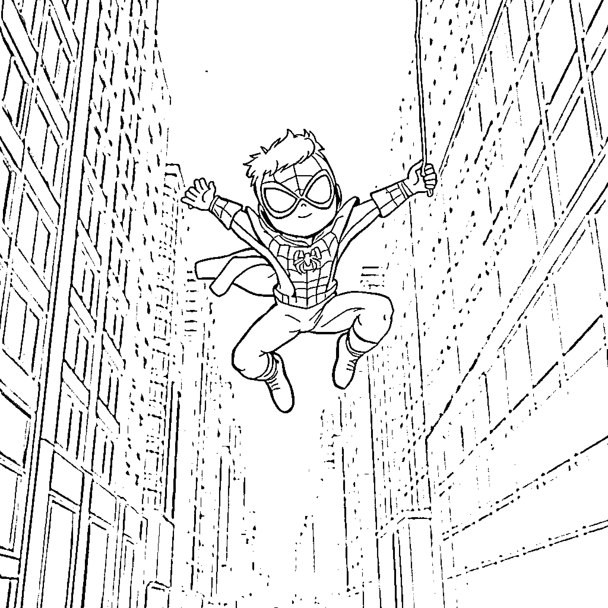 Spider-Man swinging through the city skyline Coloring Page (free black-and-white line drawing printable PDF for all, from beginners to advanced learners, including children, teens, adults, and seniors)