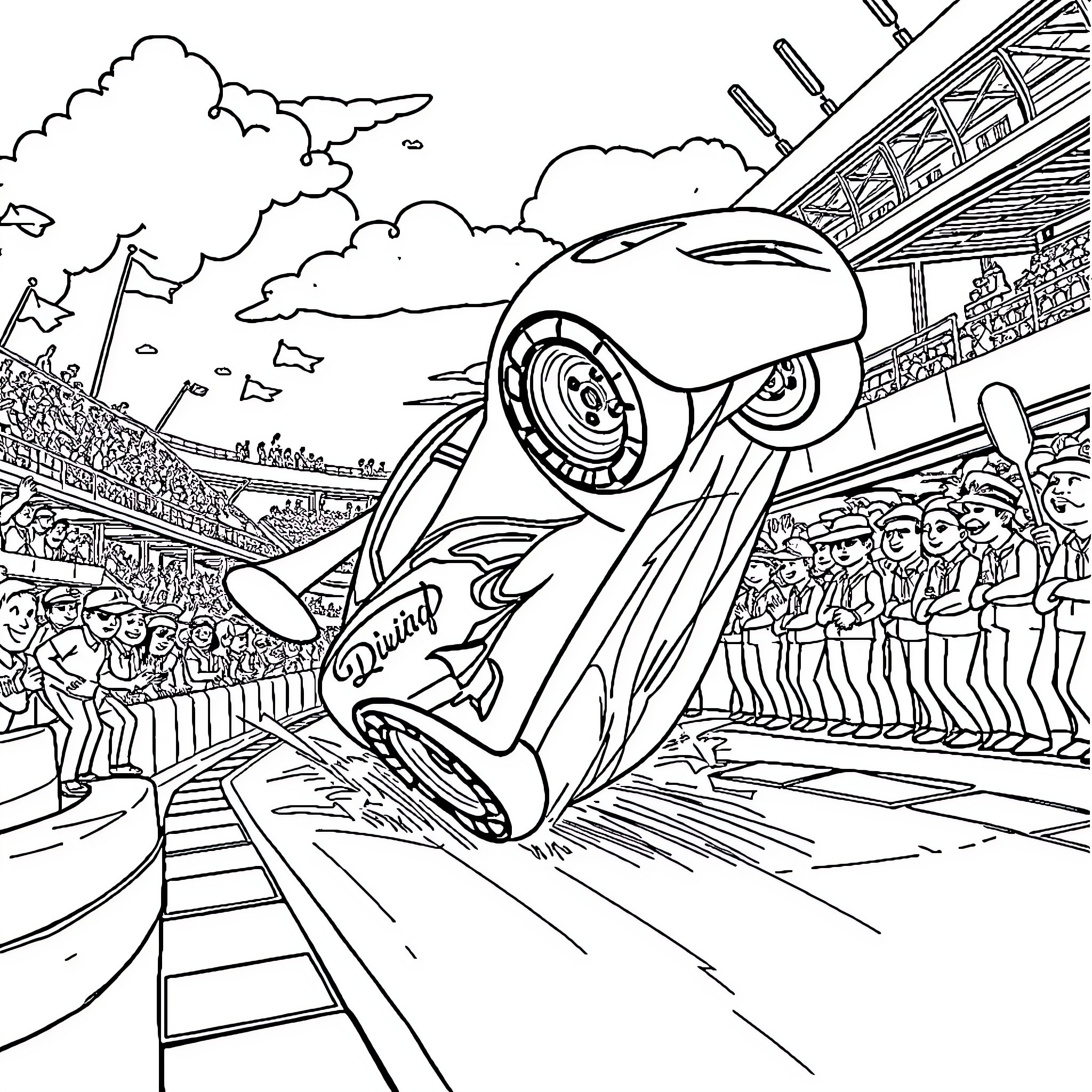 Lightning McQueen speeding through a racing event Coloring Page (free black-and-white line drawing printable PDF for all, from beginners to advanced learners, including children, teens, adults, and seniors)