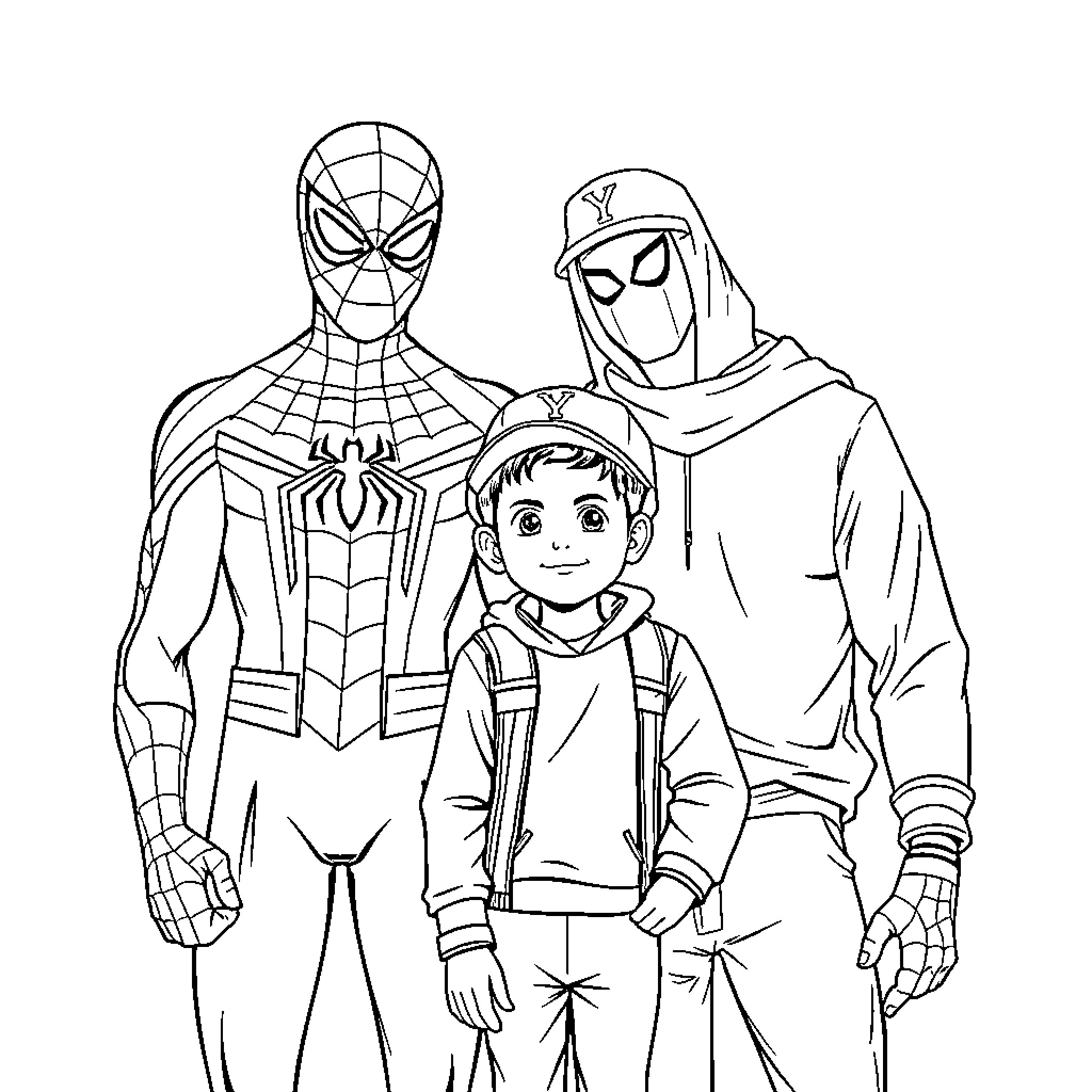 Spiderman posing with a young boy and another hero Coloring Page (free black-and-white line drawing printable PDF for all, from beginners to advanced learners, including children, teens, adults, and seniors)