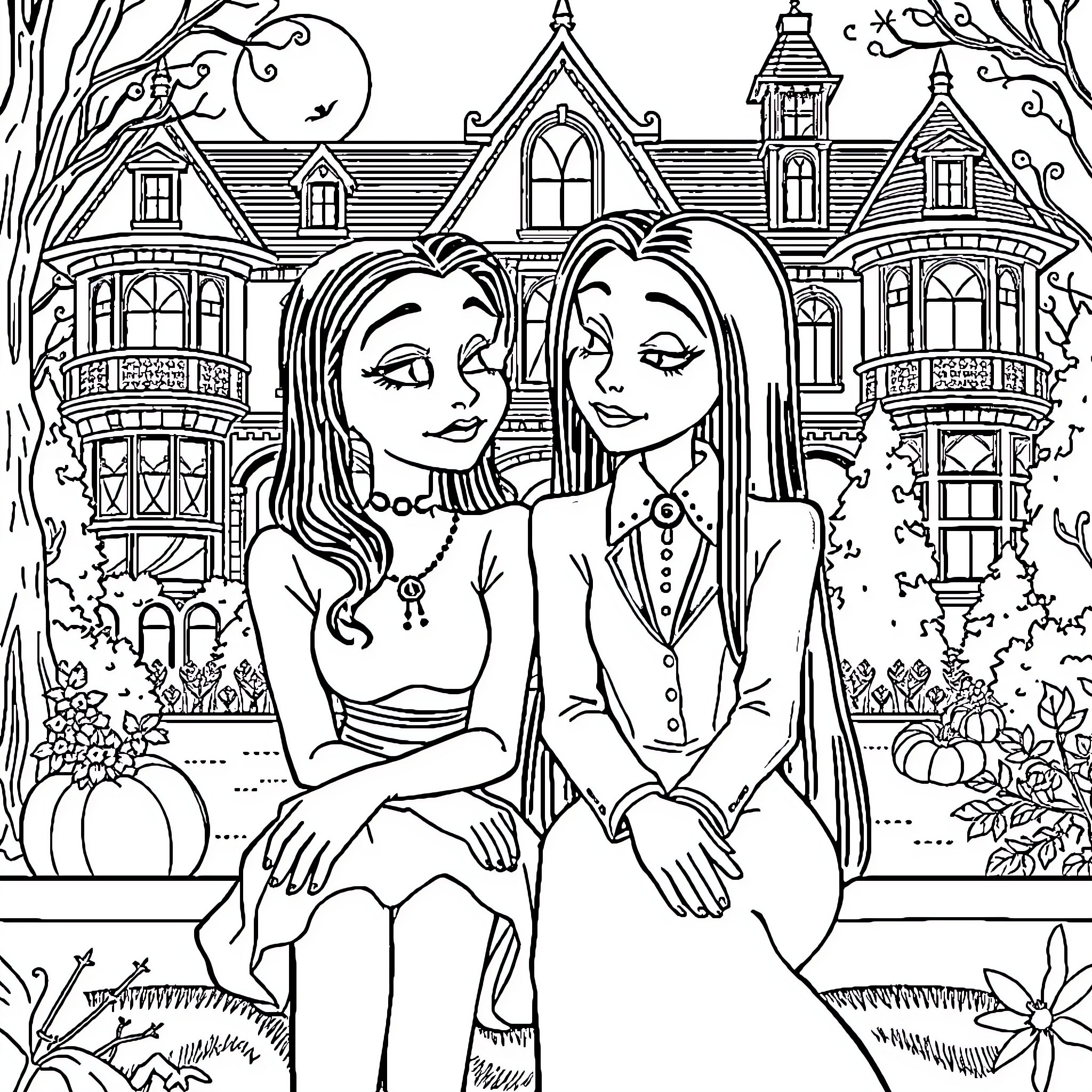Wandinha sisters in a Victorian-style house Coloring Page (free black-and-white line drawing printable PDF for all, from beginners to advanced learners, including children, teens, adults, and seniors)