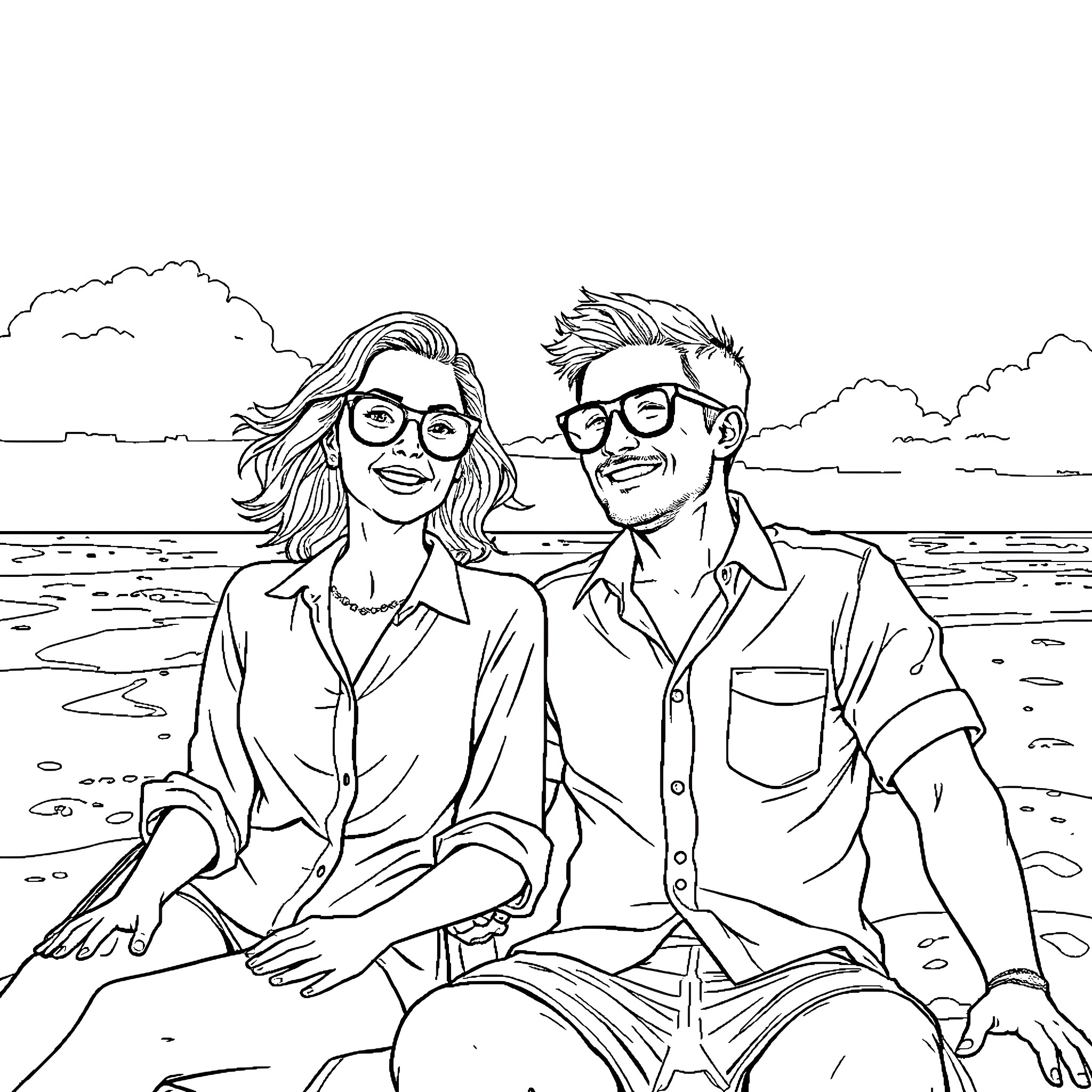 Teacher couple enjoying a day at the beach Coloring Page (free black-and-white line drawing printable PDF for all, from beginners to advanced learners, including children, teens, adults, and seniors)