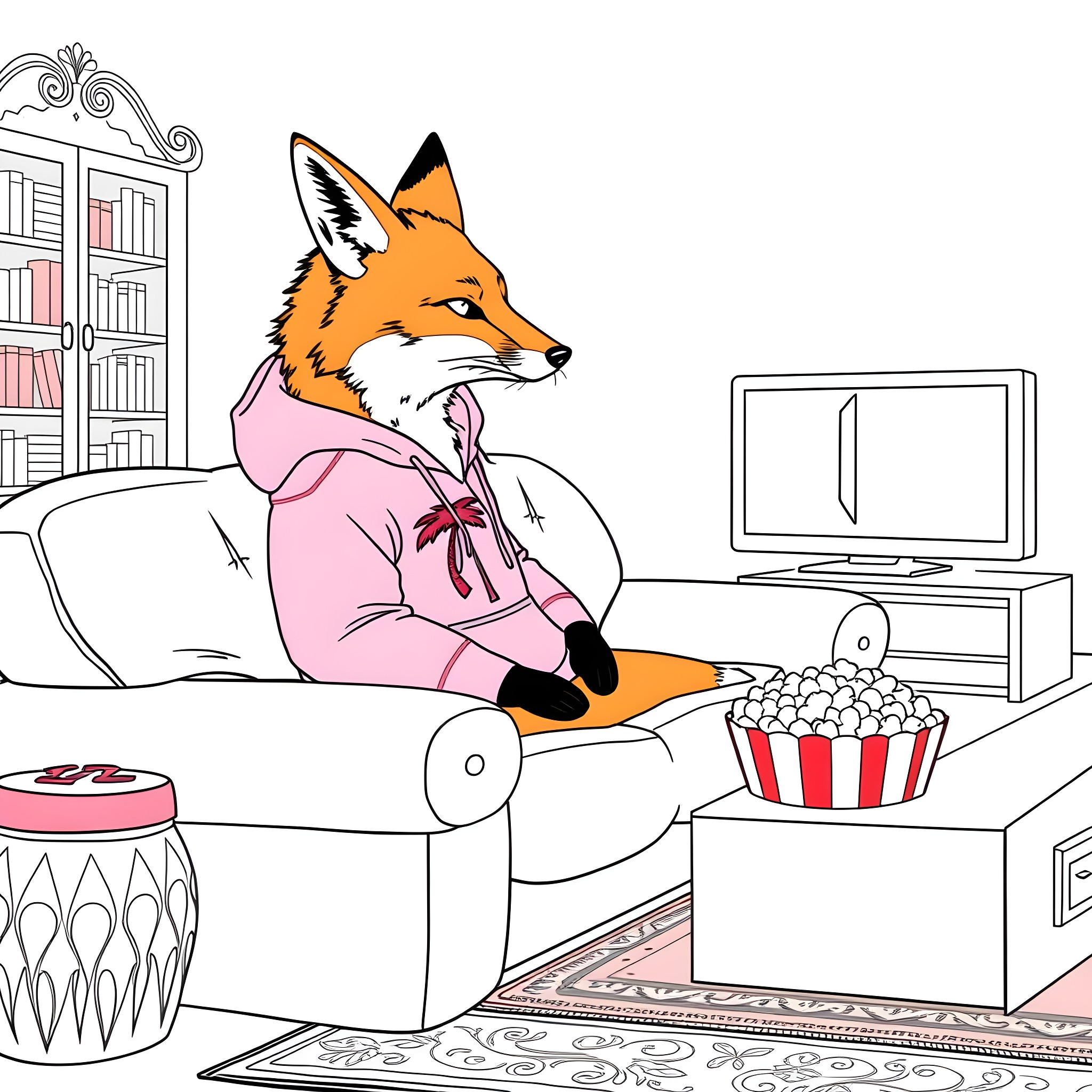 Fox relaxing and enjoying snacks while watching TV Coloring Page (free black-and-white line drawing printable PDF for all, from beginners to advanced learners, including children, teens, adults, and seniors)