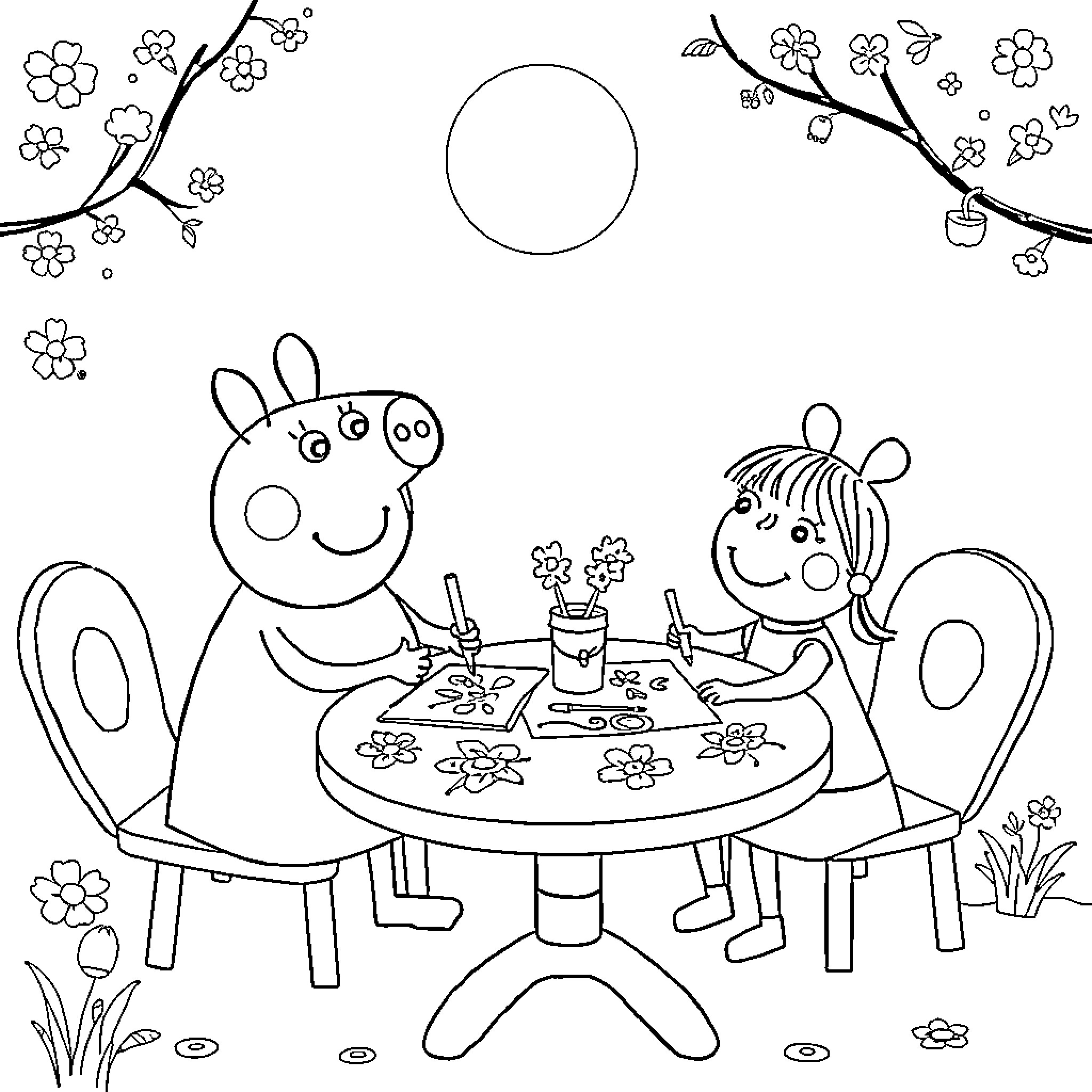 Peppa and friends having a picnic in the garden Coloring Page (free black-and-white line drawing printable PDF for all, from beginners to advanced learners, including children, teens, adults, and seniors)