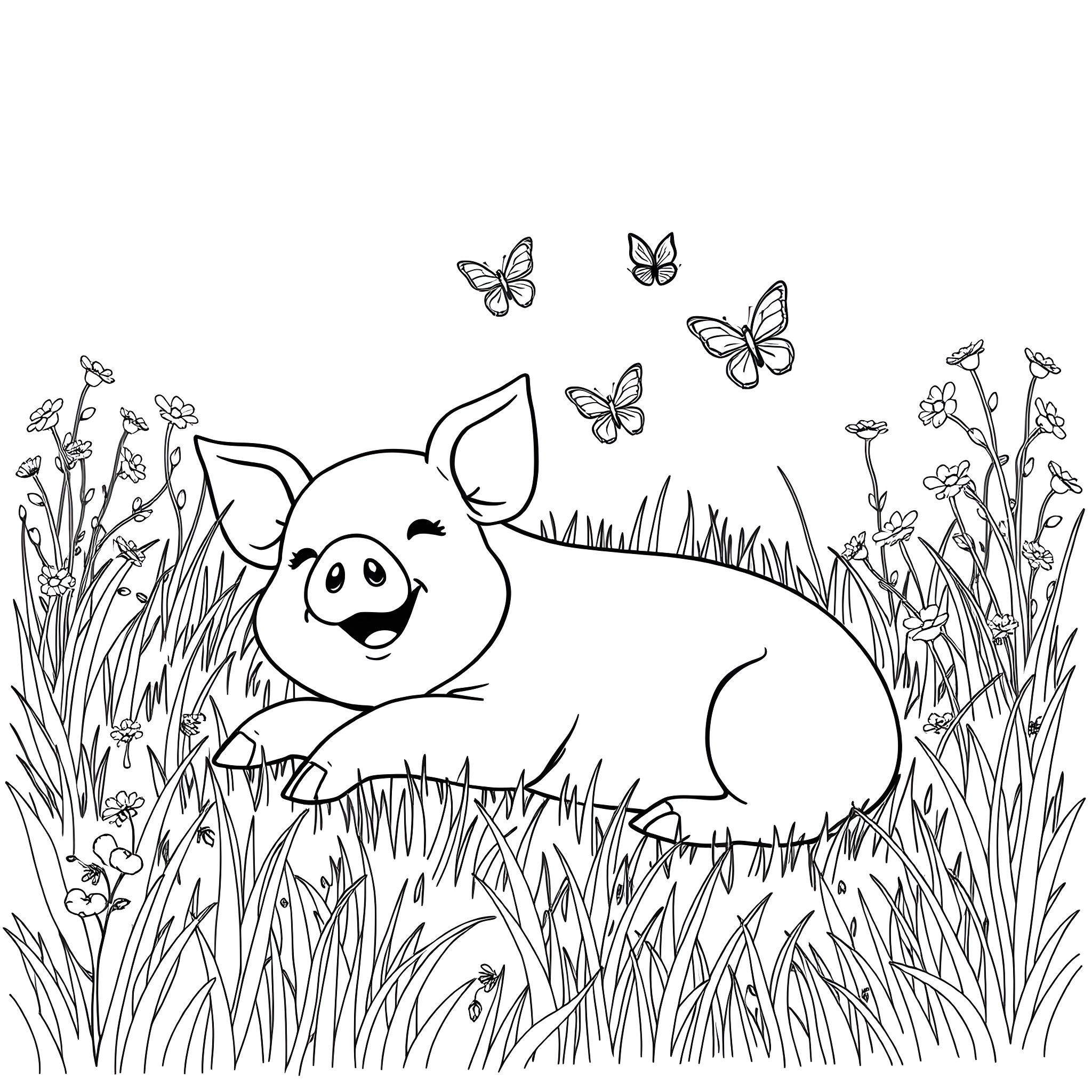 Piglet playing happily in the meadow with butterflies Coloring Page (free black-and-white line drawing printable PDF for all, from beginners to advanced learners, including children, teens, adults, and seniors)
