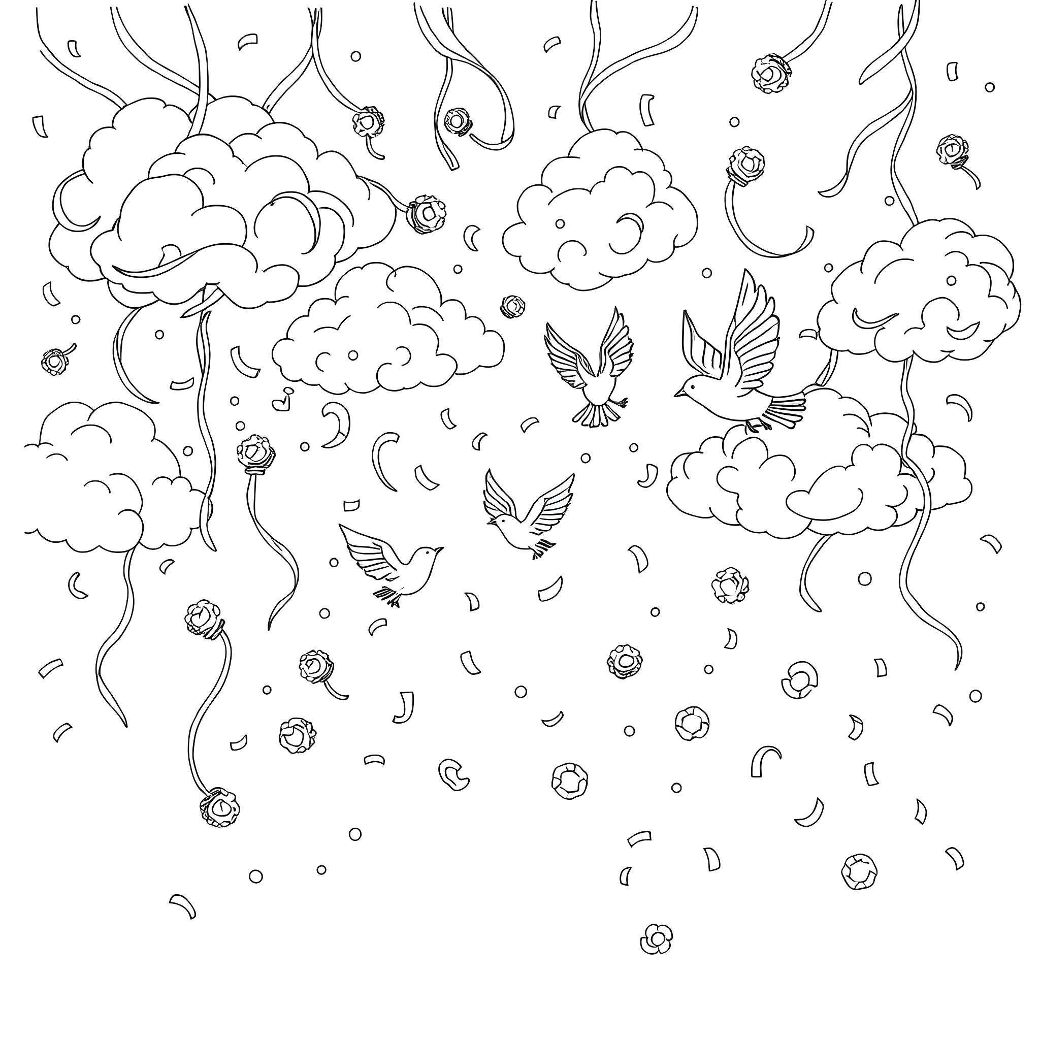 Jalebi swirls and winged shapes in the sky Coloring Page (free black-and-white line drawing printable PDF for all, from beginners to advanced learners, including children, teens, adults, and seniors)