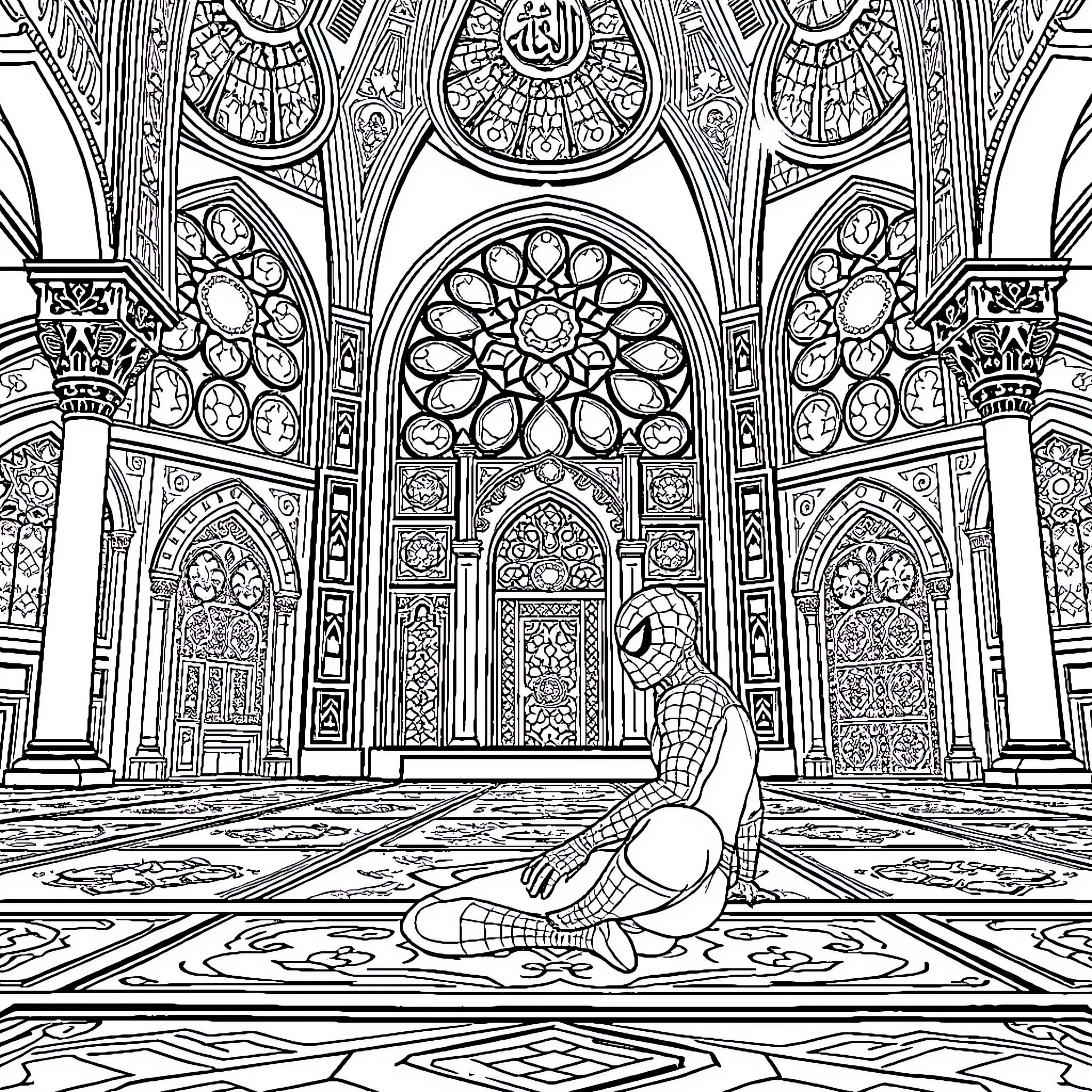 Spiderman exploring the intricate architecture Coloring Page (free black-and-white line drawing printable PDF for all, from beginners to advanced learners, including children, teens, adults, and seniors)