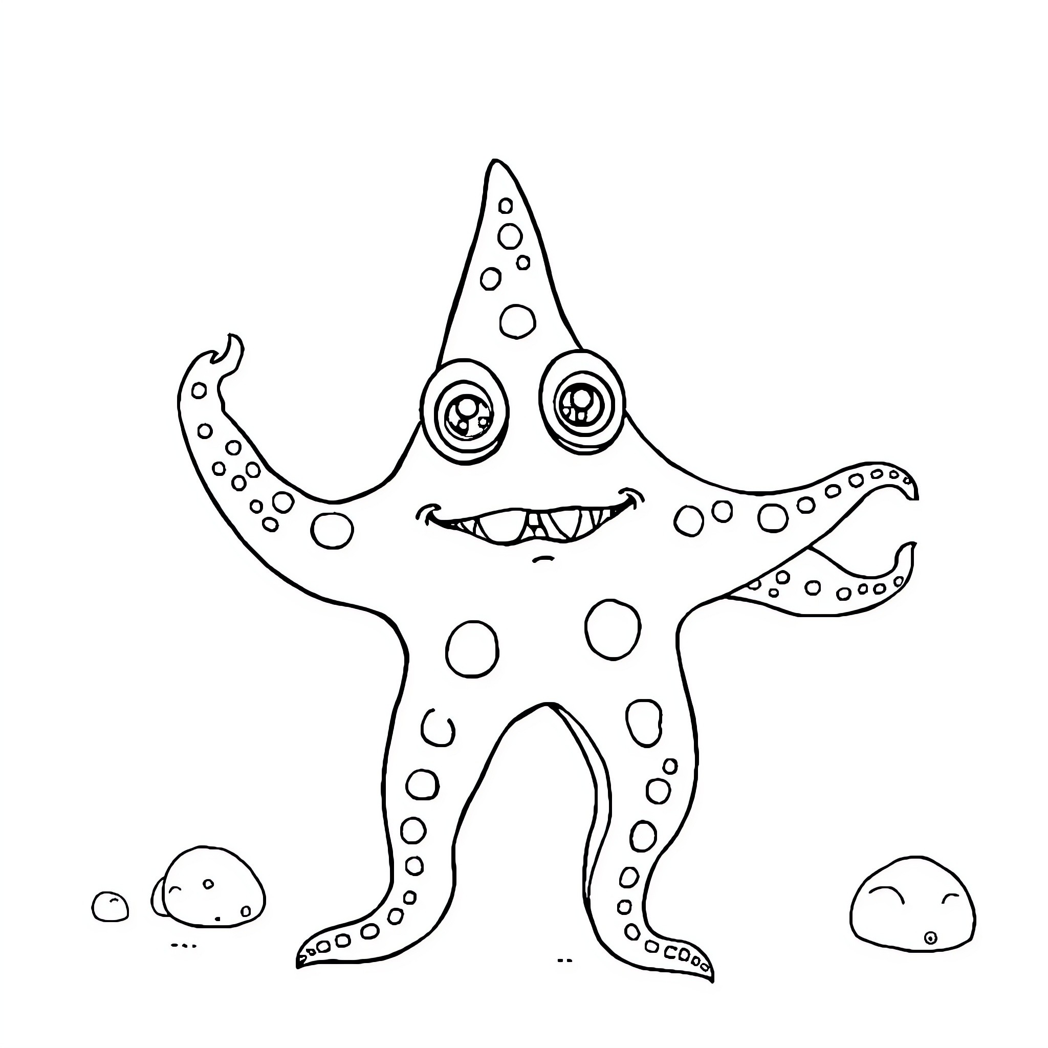Starfish playing with marine creatures in the ocean Coloring Page (free black-and-white line drawing printable PDF for all, from beginners to advanced learners, including children, teens, adults, and seniors)