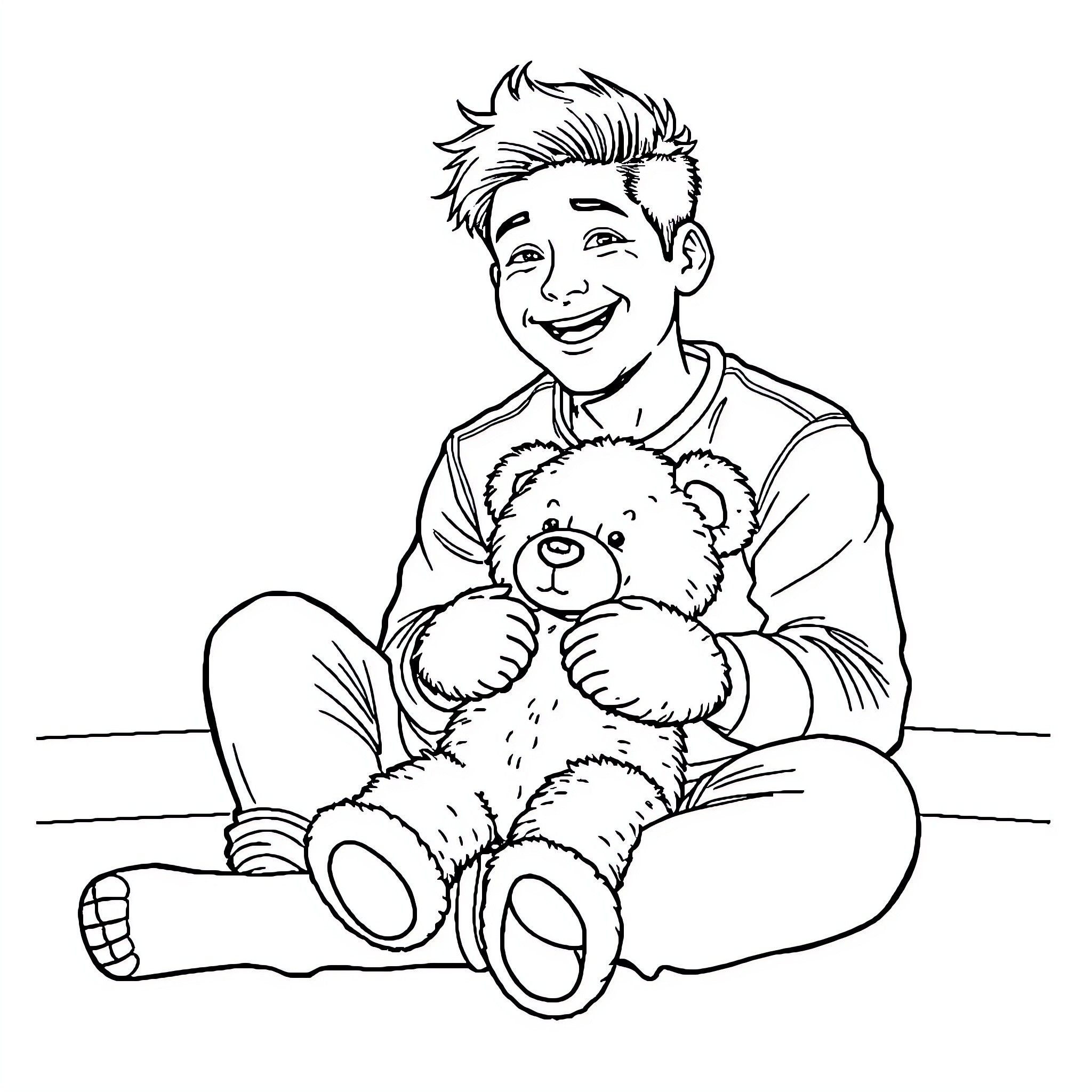 Josh Allen happily cuddling a stuffed bear Coloring Page (free black-and-white line drawing printable PDF for all, from beginners to advanced learners, including children, teens, adults, and seniors)