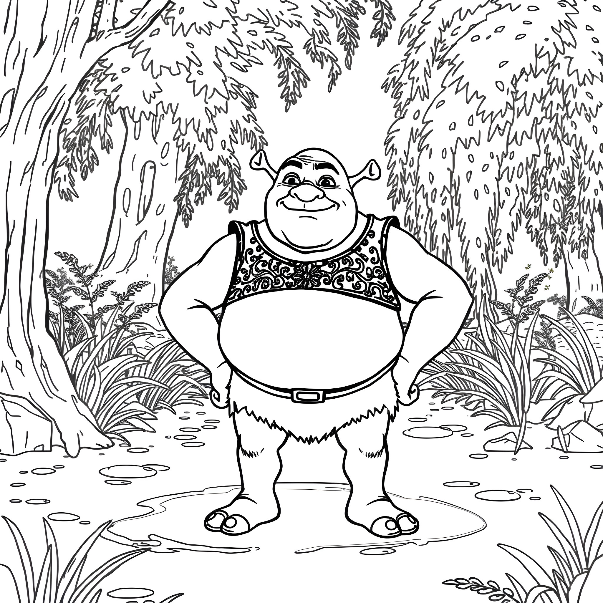 Shrek enjoying the forest scenery Coloring Page (free black-and-white line drawing printable PDF for all, from beginners to advanced learners, including children, teens, adults, and seniors)