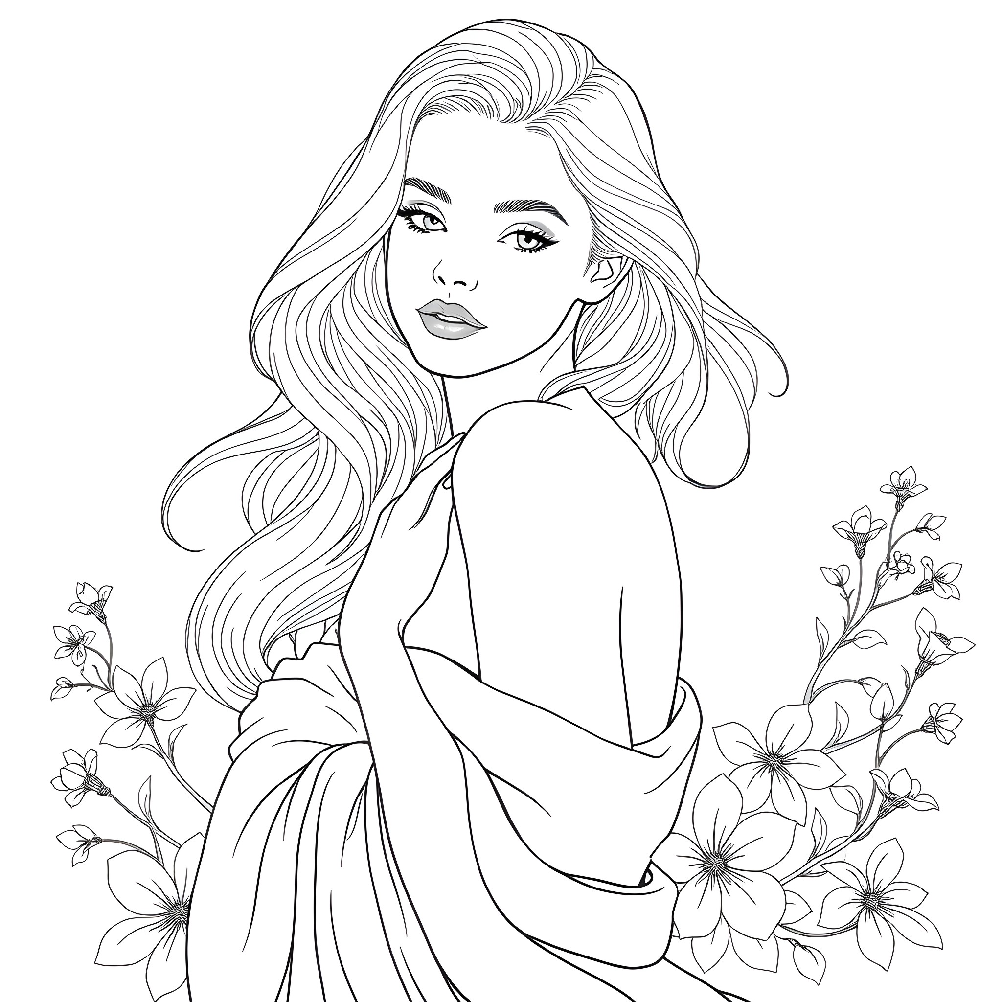 Girl with flowing hair surrounded by flowers Coloring Page (free black-and-white line drawing printable PDF for all, from beginners to advanced learners, including children, teens, adults, and seniors)