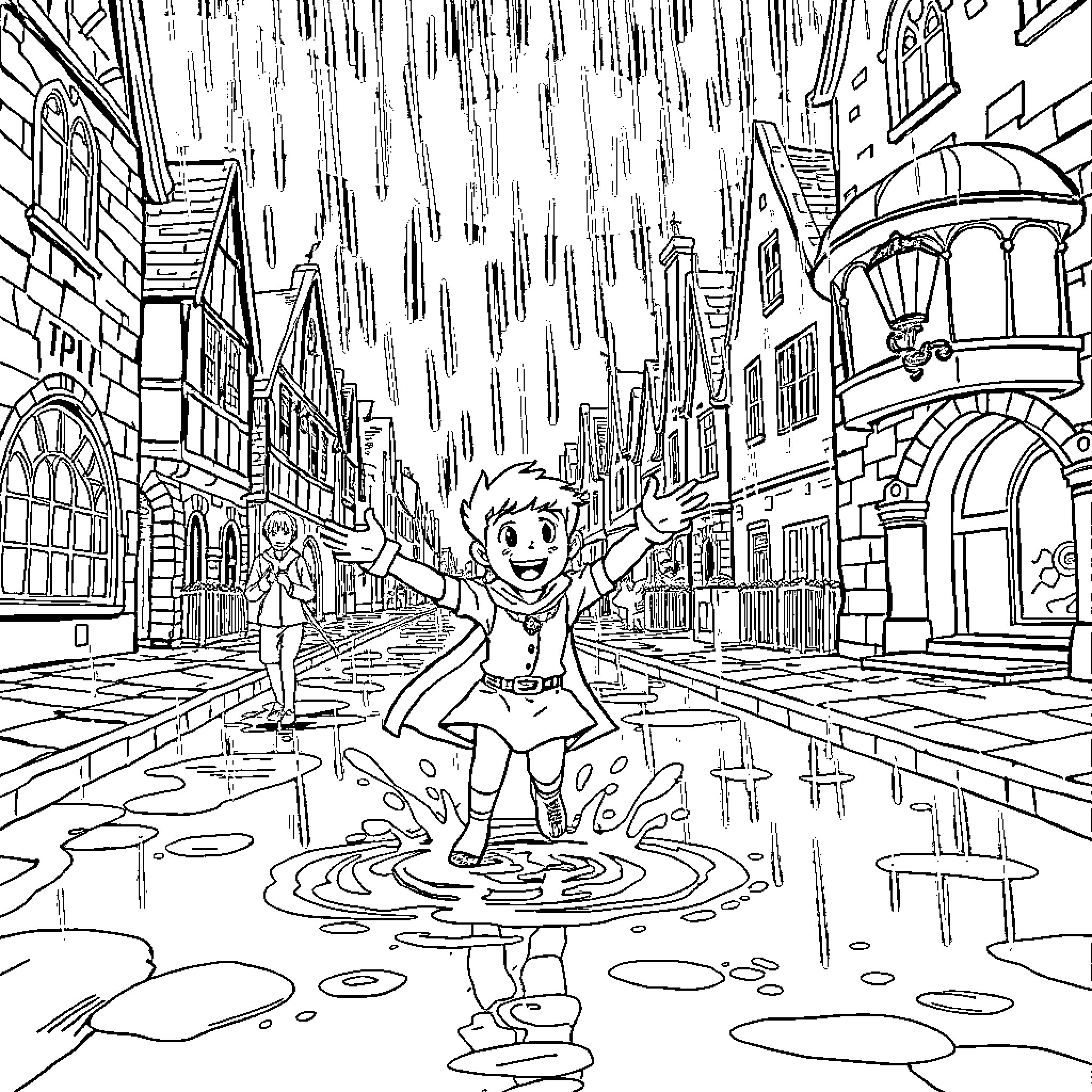 Merlin Frolics in the Enchanted Rainy City Coloring Page (free black-and-white line drawing printable PDF for all, from beginners to advanced learners, including children, teens, adults, and seniors)