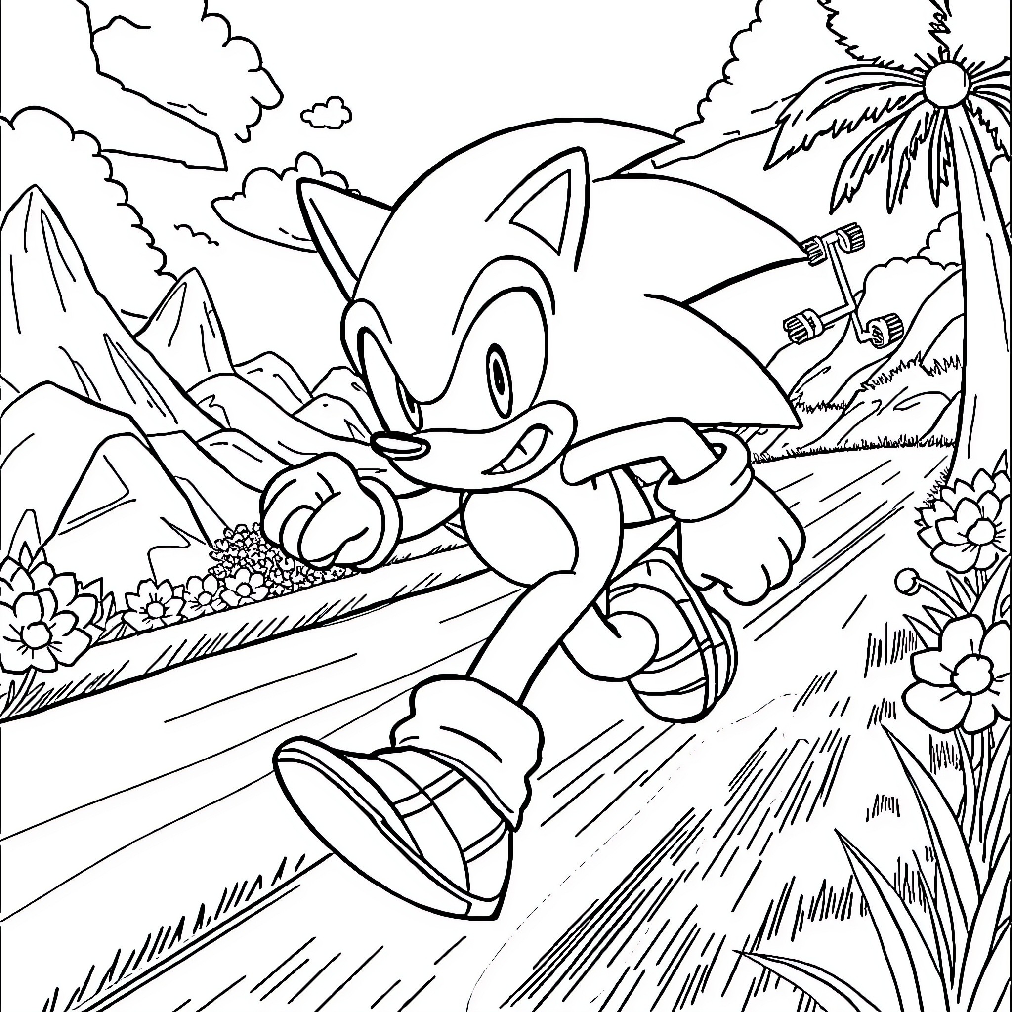 Sonic racing through a vibrant natural landscape Coloring Page (free black-and-white line drawing printable PDF for all, from beginners to advanced learners, including children, teens, adults, and seniors)