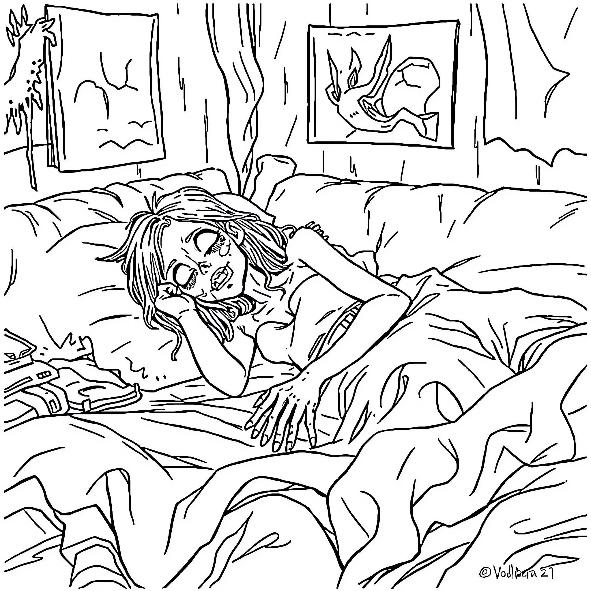 Zombie Girl's Nightmarish Slumber Coloring Page (free black-and-white line drawing printable PDF for all, from beginners to advanced learners, including children, teens, adults, and seniors)