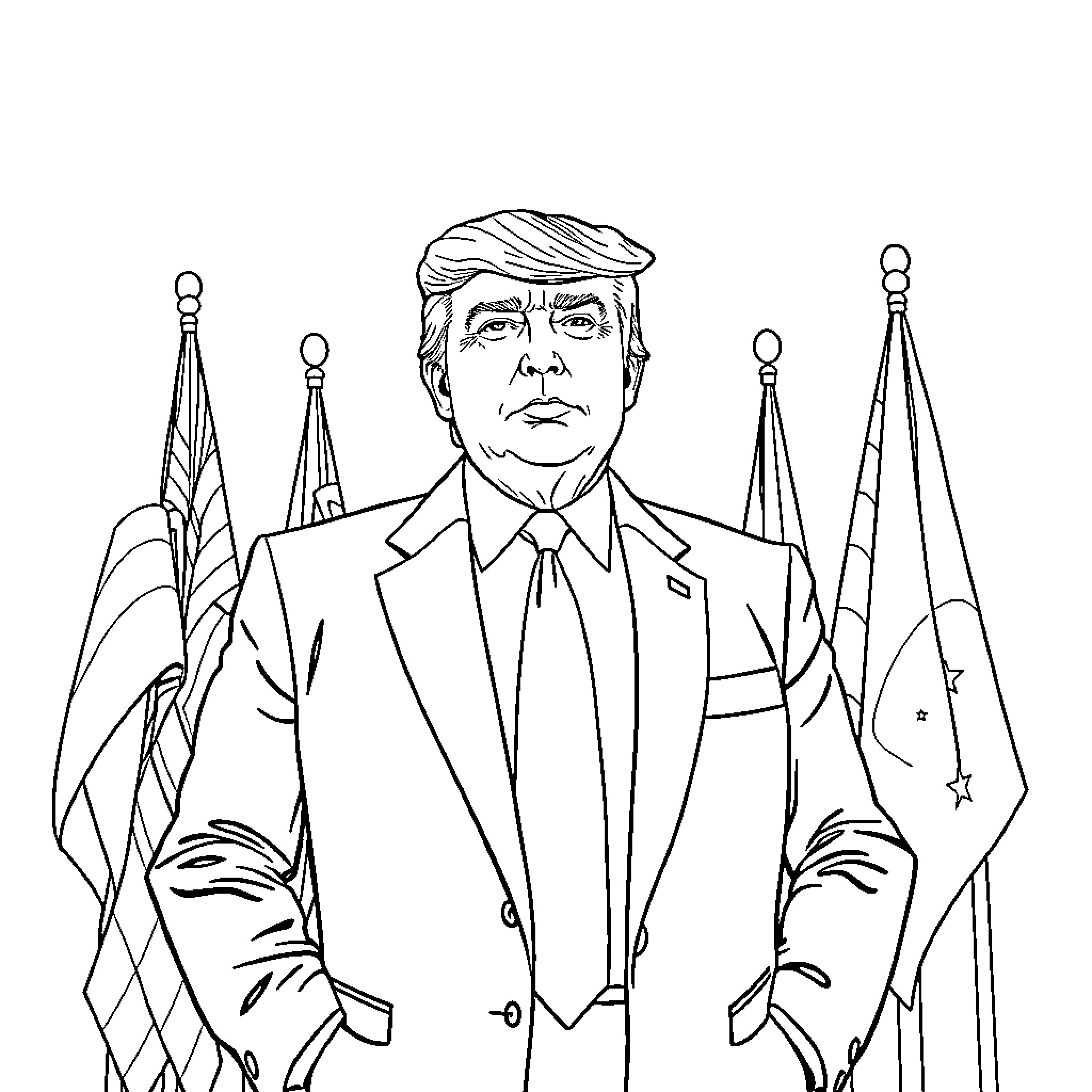 Donald Trump in formal attire with American flags Coloring Page (free black-and-white line drawing printable PDF for all, from beginners to advanced learners, including children, teens, adults, and seniors)