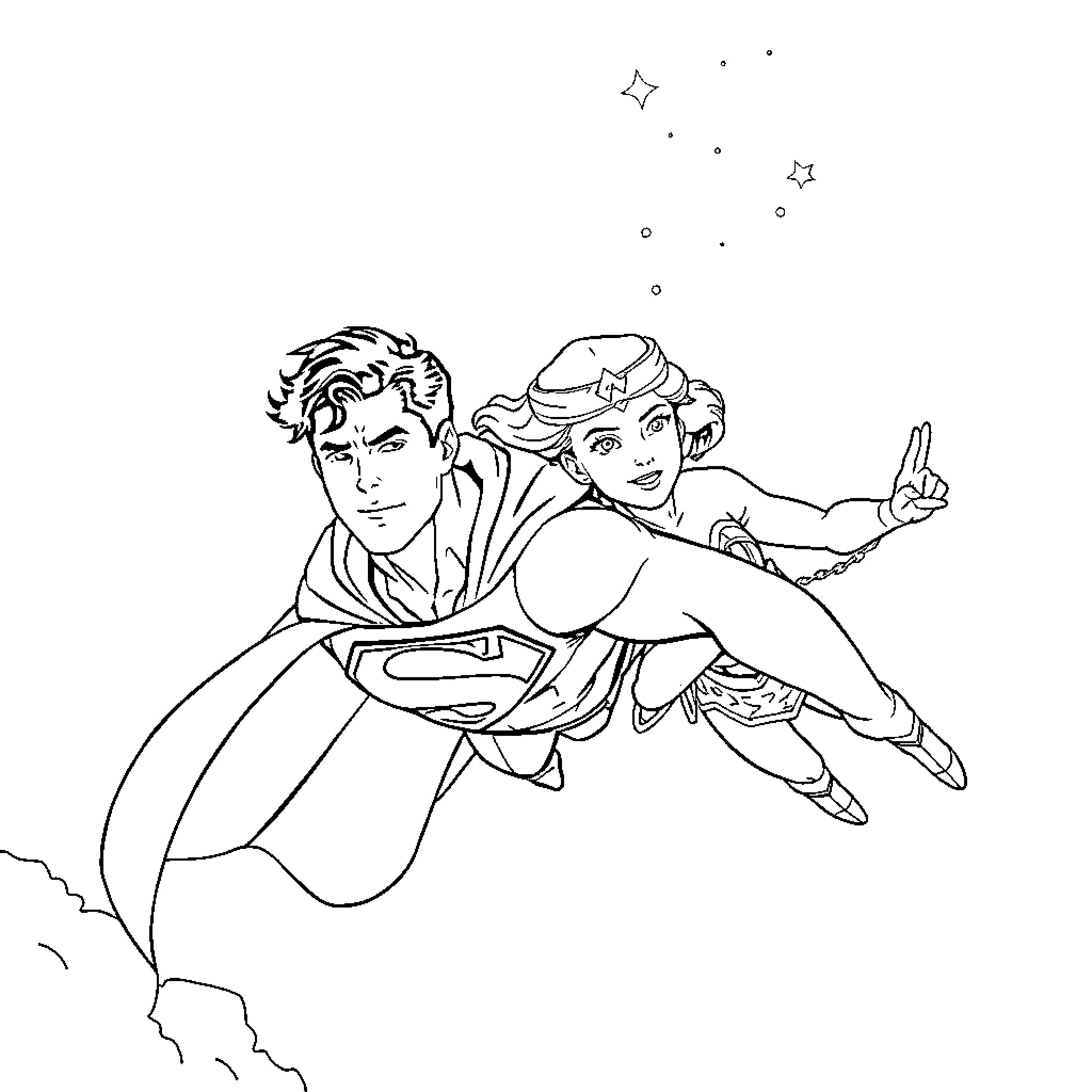 Superman and companion flying together in the sky Coloring Page (free black-and-white line drawing printable PDF for all, from beginners to advanced learners, including children, teens, adults, and seniors)