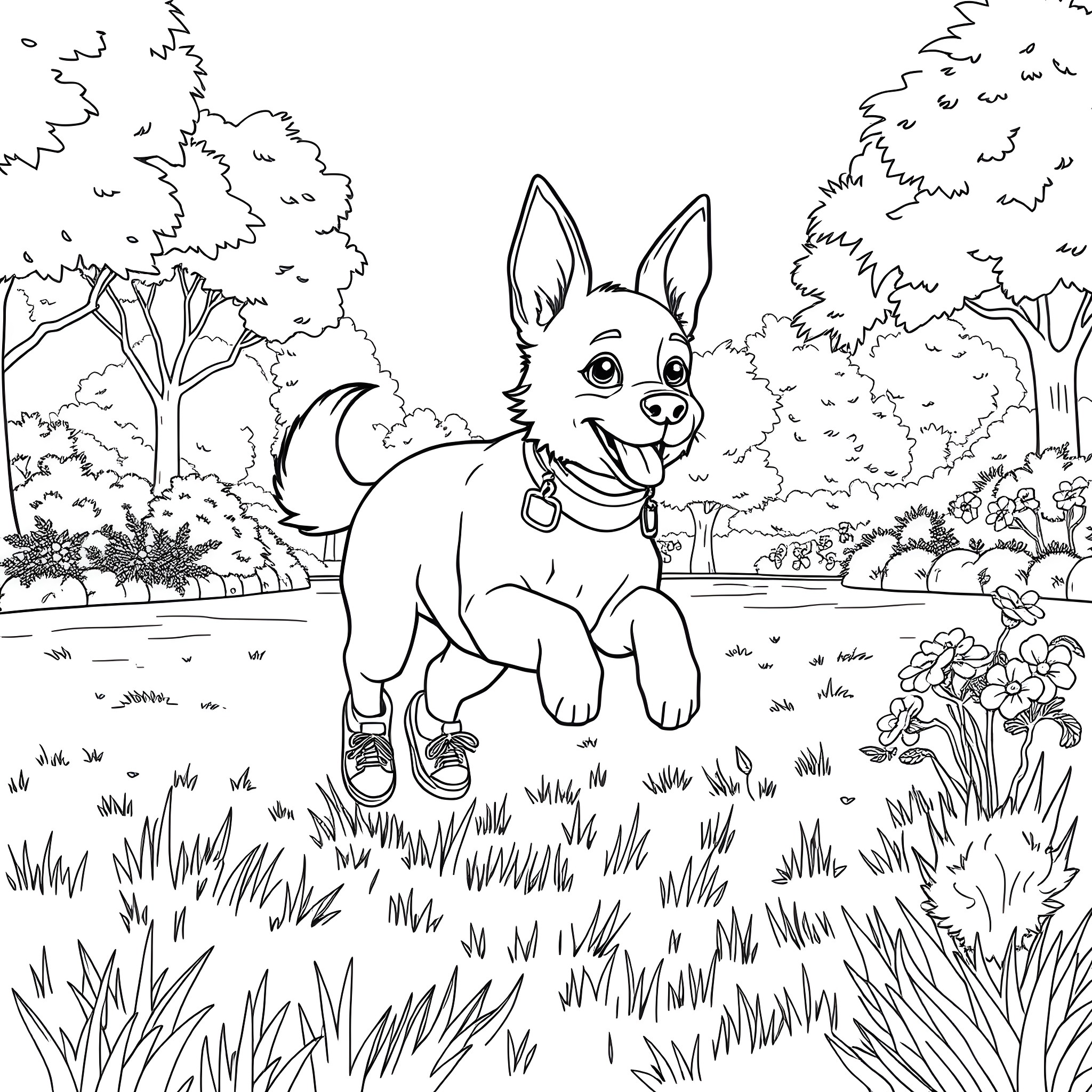 Dog playing in the park on a sunny day Coloring Page (free black-and-white line drawing printable PDF for all, from beginners to advanced learners, including children, teens, adults, and seniors)
