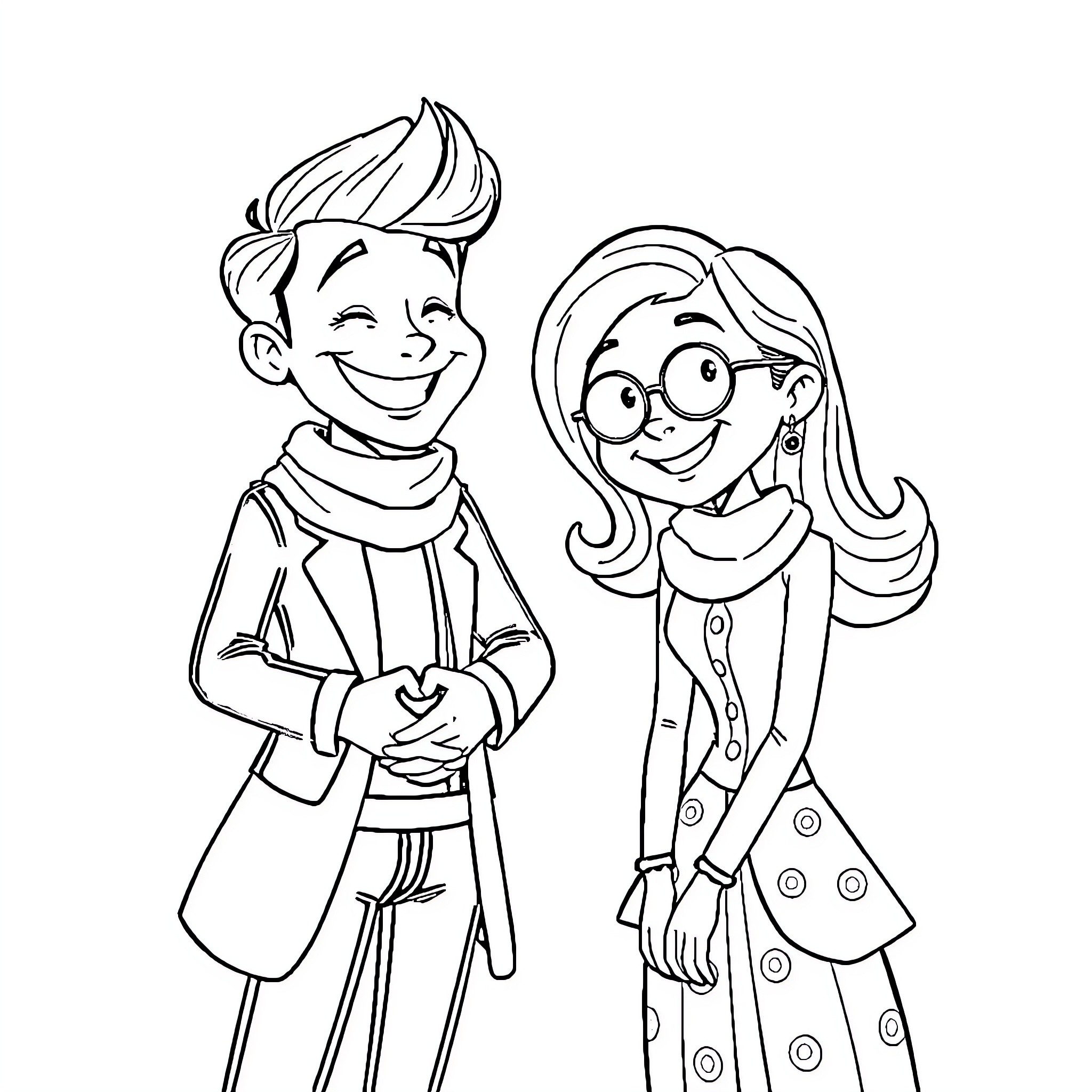 Anatole's Happy Couple Outing Coloring Page (free black-and-white line drawing printable PDF for all, from beginners to advanced learners, including children, teens, adults, and seniors)