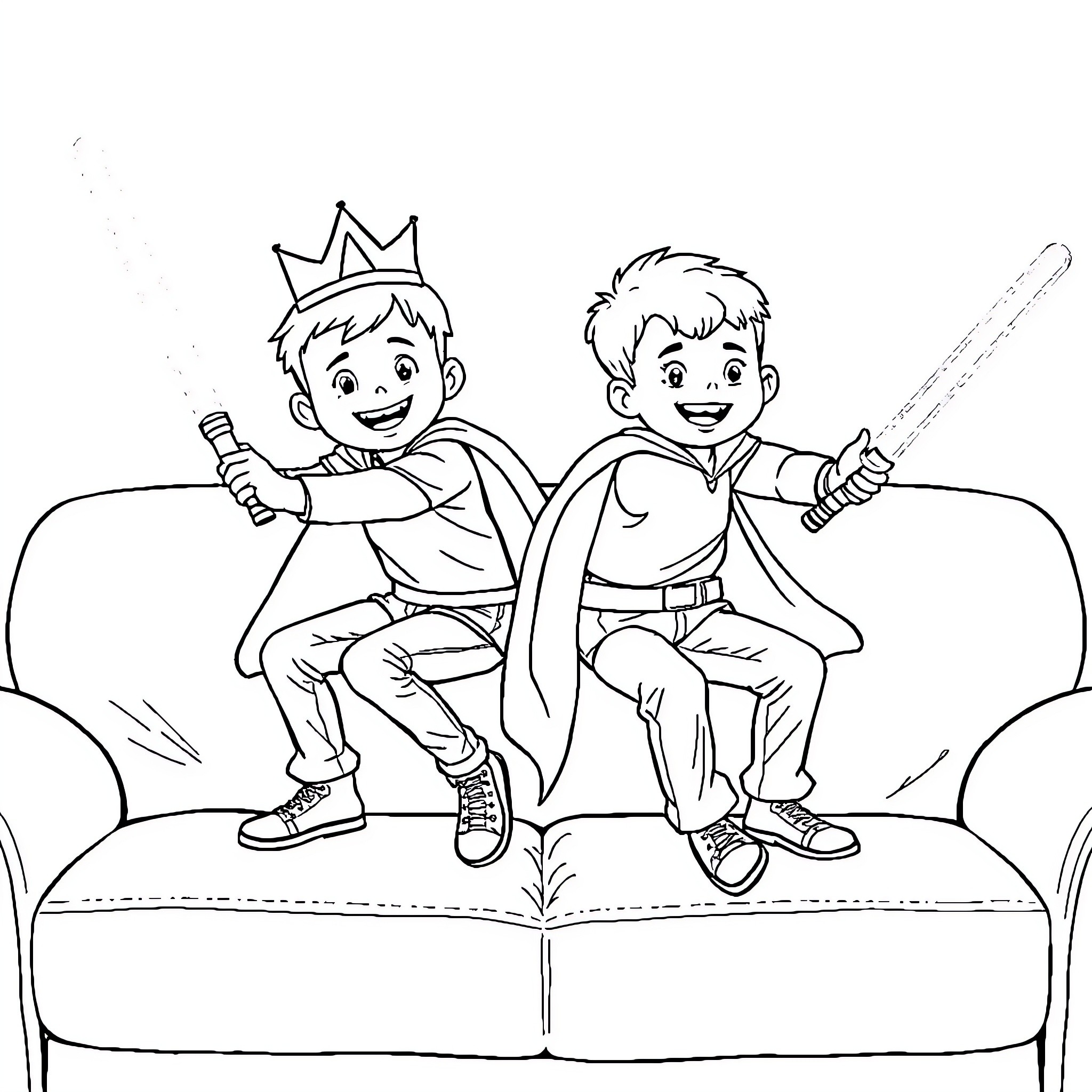 Boys playing with toy swords on the sofa Coloring Page (free black-and-white line drawing printable PDF for all, from beginners to advanced learners, including children, teens, adults, and seniors)