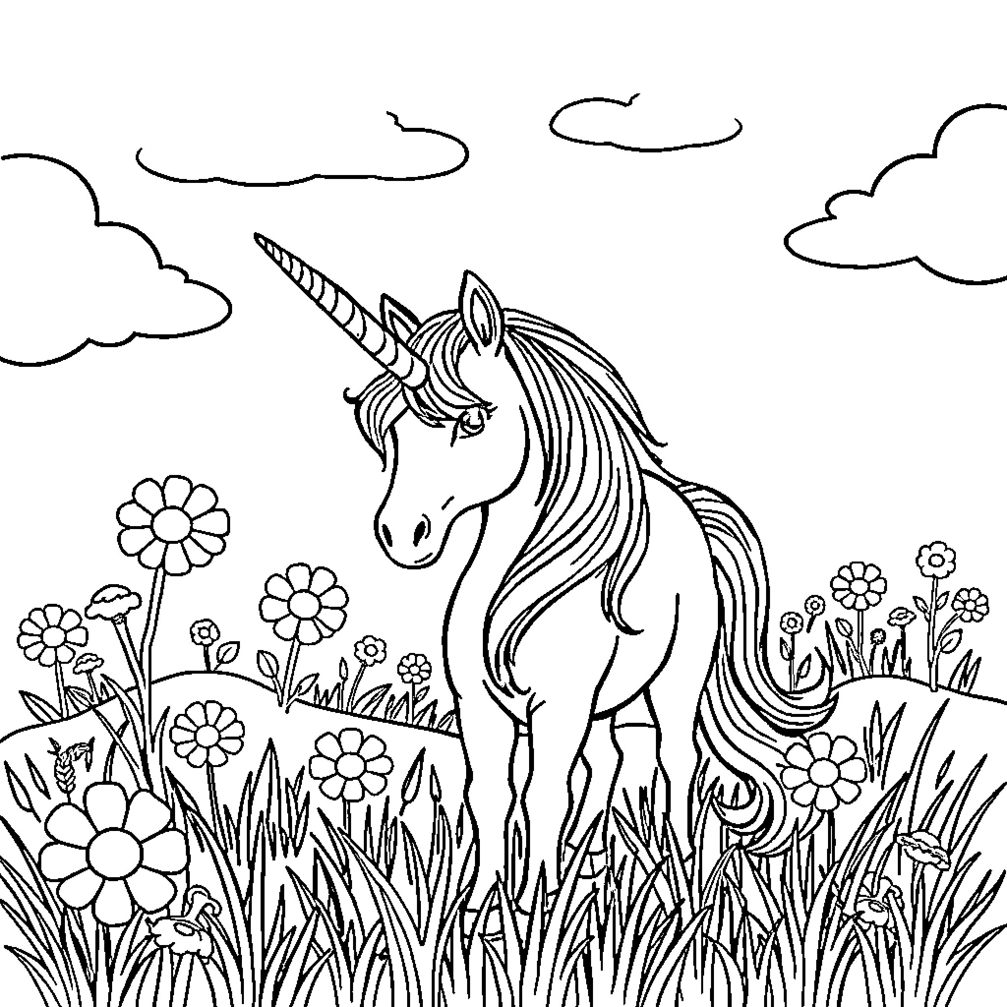 Unicorn standing amidst flowers in a grassy field Coloring Page (free black-and-white line drawing printable PDF for all, from beginners to advanced learners, including children, teens, adults, and seniors)